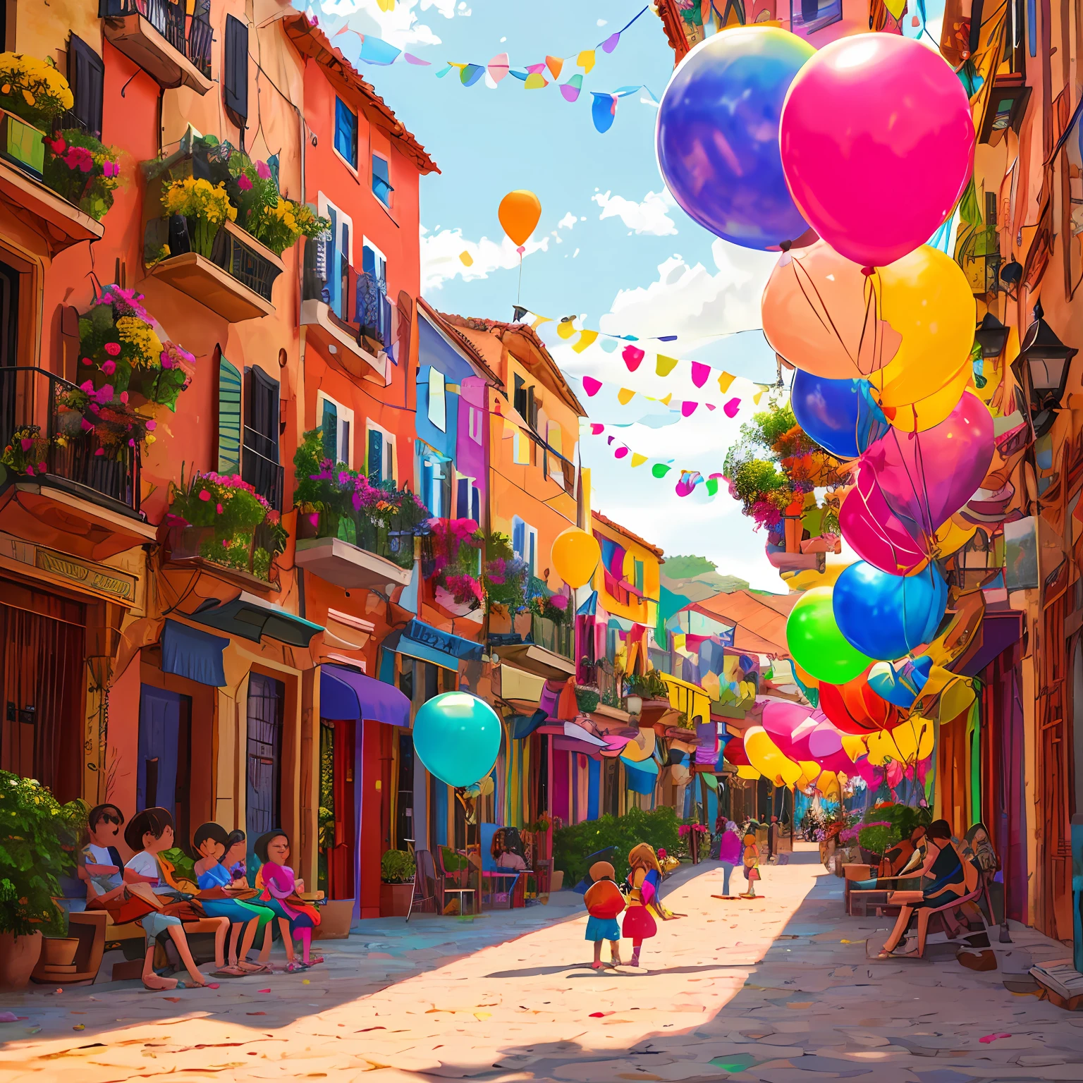 A charming city called Rainbow, com casas coloridas e jardins repletos de flores. Children playing in the streets, some flying in colorful balloons, while others are sitting on benches, lendo livros, estilo cartoon, 4k, desenho animado --auto