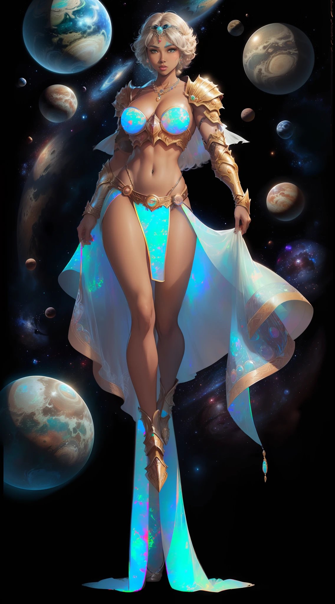 ((Full body)), (((Head to toe))), 1 female, Solo, beautiful blushing slender Goddess of Uranus (((with shaggy hair))), Small bust, big breasts thin waist, Thin leg, (((against Uranus as a planet background))), (((gorgeous opal armor, loincloth))), opal necklace, opal tiara, silk Veil, (((American comic style with dark contours))), (((art by J. Scott Campbell)))