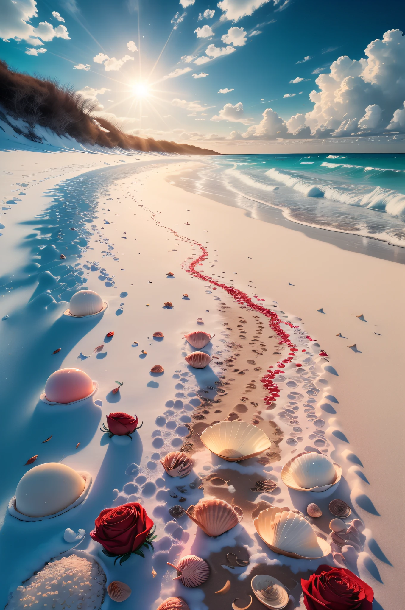 delicate scene,Depth-of-field, 8k, The ivory sky,white clouds,and sunlight shine on the snow-white beach. The coral sea,and many colorful tinny shells on the beach,red roses, roses focus,