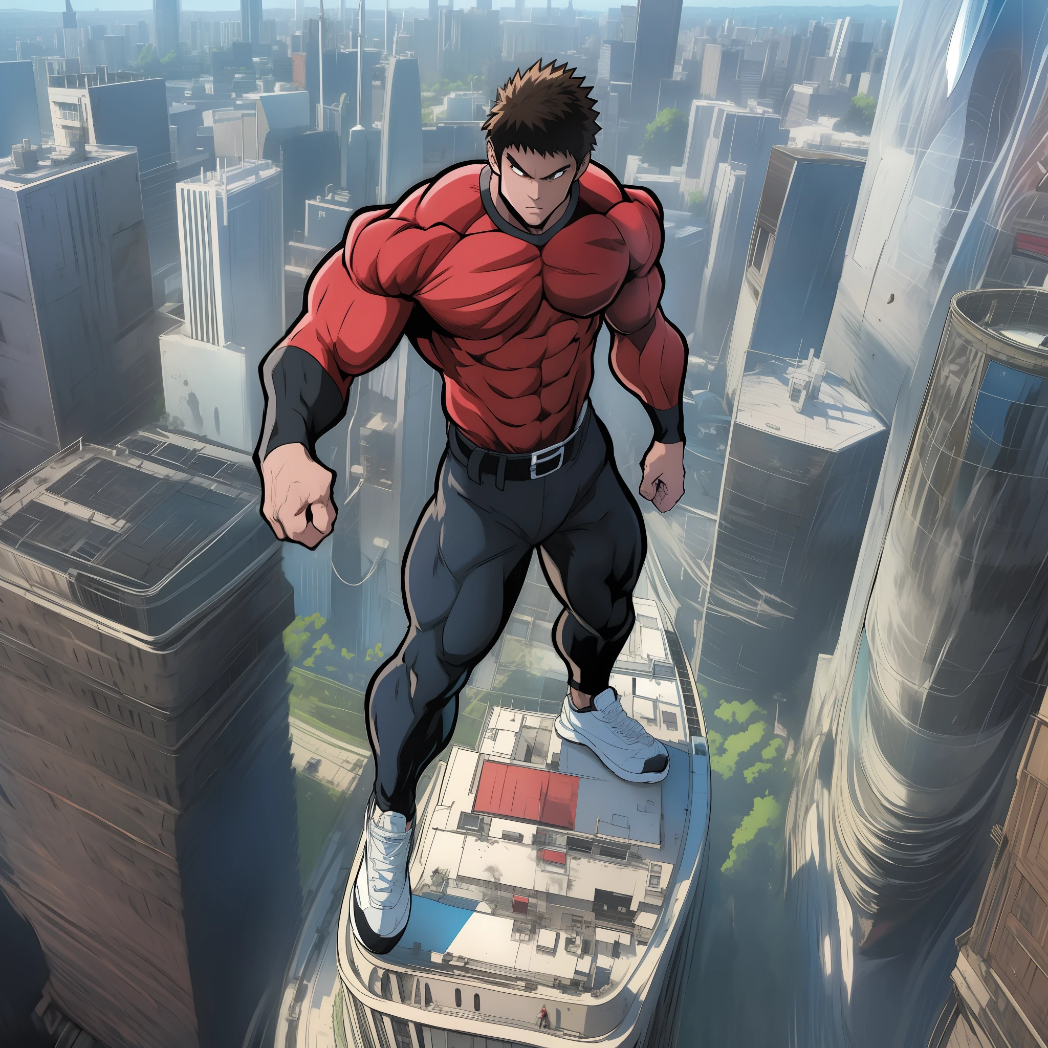 Generate anime-style art with a high-angle shot of a muscular male character with his body facing the camera, THE CHARACTER IS STANDING ON TOP OF A TALL BUILDING, The protagonist must have an extremely muscular body, very tall, similar to that of a bodybuilder. The character must have very short hair with dark brown bangs and must be wearing a red long sleeve T-shirt with black pants and a belt and must be wearing a white sneaker. The image should depict the character's entire body, focusing on his intimidating posture. The protagonist must exude strength and dominance, displaying a powerful presence. The scene should feature only the muscular character, THE CHARACTER SHOULD BE ON TOP OF A BUILDING SHOWING A LARGE CITY BELOW HIM