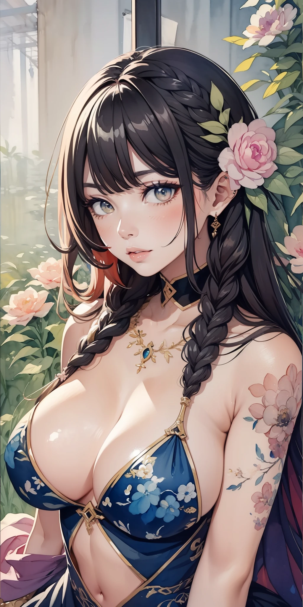 (aquarel painting:1.4)、flowers fields、Braided hair、Beautiful woman straddling、Tattoo of flowers all over the body、pasties