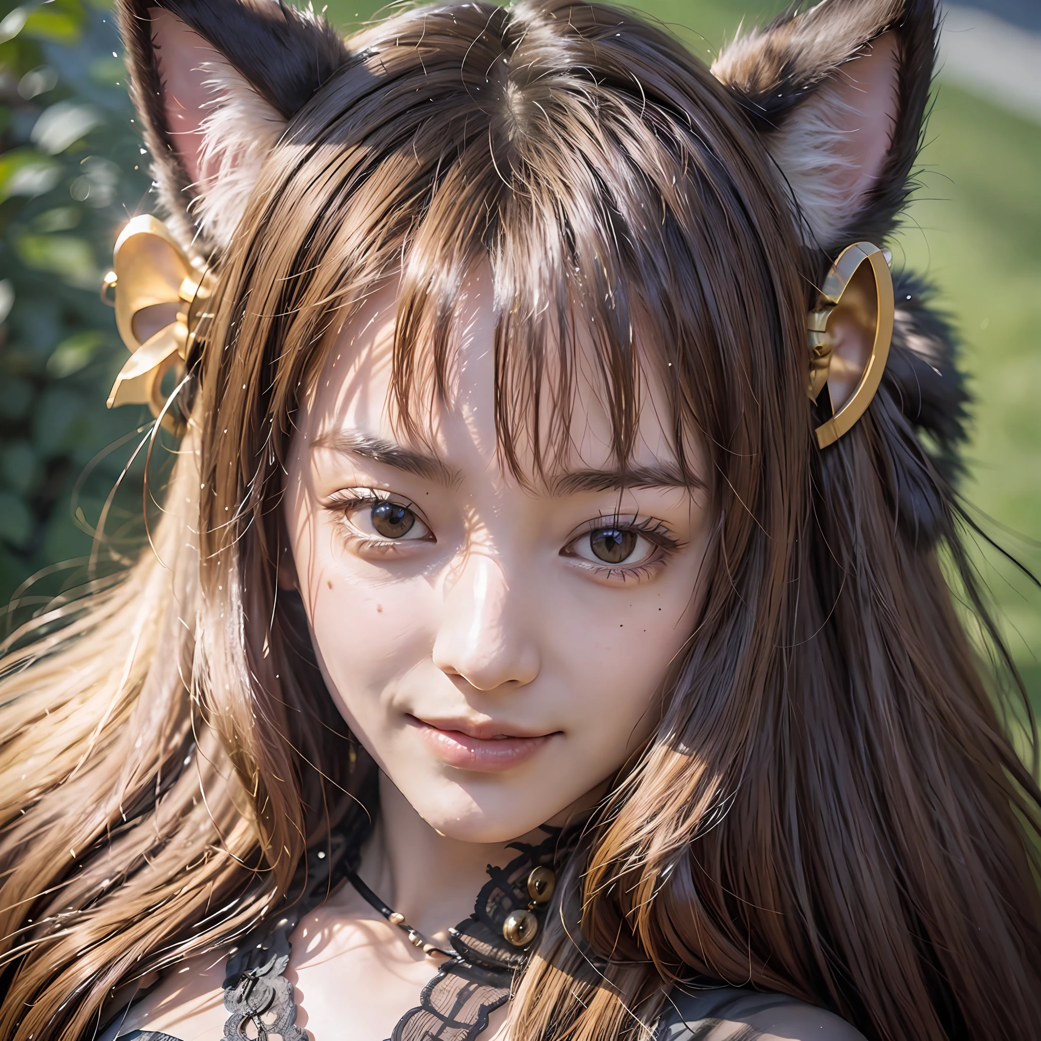 cleavage selfie, Long hair, hime-cut, cat hair ornament, wince, Moles under eyes, Light smile, High details, Textured skin, 巨作, Anatomically correct, Best quality, 8K