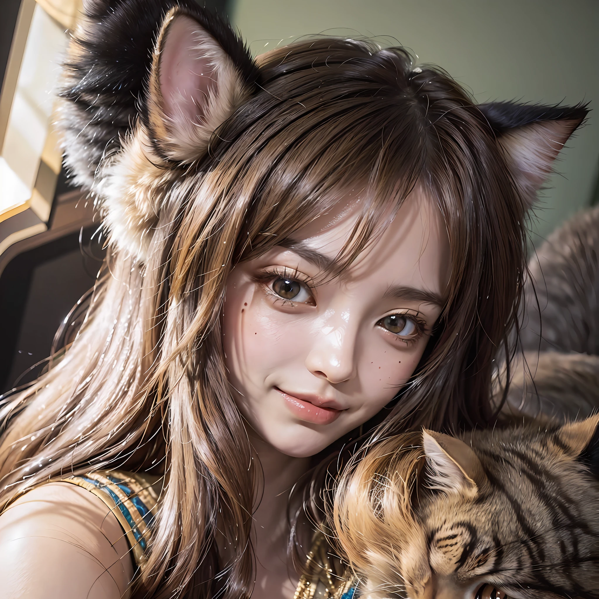 cleavage selfie, Long hair, hime-cut, cat hair ornament, wince, Moles under eyes, Light smile, High details, Textured skin, 巨作, Anatomically correct, Best quality, 8K