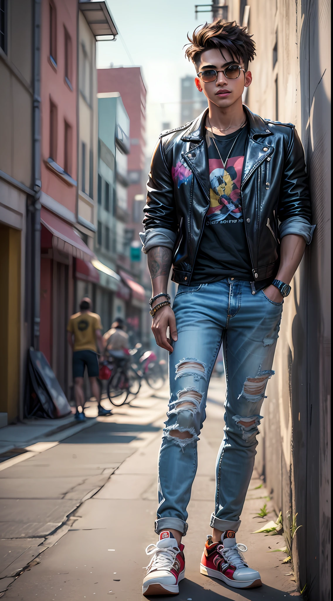 (masterpiece, high resolution, digital art:1.3), a boy with an effortlessly cool vibe, (age: 14), (trendy hairstyle:1.2), (dark brown hair with subtle highlights:1.1), expressive eyes that sparkle with mischief, perfectly groomed eyebrows, a confident and charismatic smile, wearing a fashionable ensemble, (stylish graphic t-shirt:1.2), (slim-fit jeans:1.1), paired with retro sneakers, (colorful high-top sneakers:1.2), a stack of beaded bracelets on his wrist, (accessorized with a leather jacket:1.1), standing against a vibrant urban backdrop, (graffiti-covered walls:1.2), (skateboard propped up:1.1), (sunlight casting a warm glow:1.2), (street art murals:1.1), (city lights in the distance:1.2), a sense of urban energy and excitement, mid-shot capturing his confidence and laid-back attitude, (background music:1.1), capturing the essence of youthful style and urban coolness, Cinematic, Hyper-detailed, insane details, Beautifully color graded, Unreal Engine, DOF, Super-Resolution, Megapixel, Cinematic Lightning, Anti-Aliasing, FKAA, TXAA, RTX, SSAO, Post Processing, Post Production, Tone Mapping, CGI, VFX, SFX, Insanely detailed and intricate, Hyper maximalist, Hyper realistic, Volumetric, Photorealistic, ultra photoreal, ultra-detailed, intricate details, 8K, Super detailed, Full color, Volumetric lightning, HDR, Realistic, Unreal Engine, 16K, Sharp focus, octane render