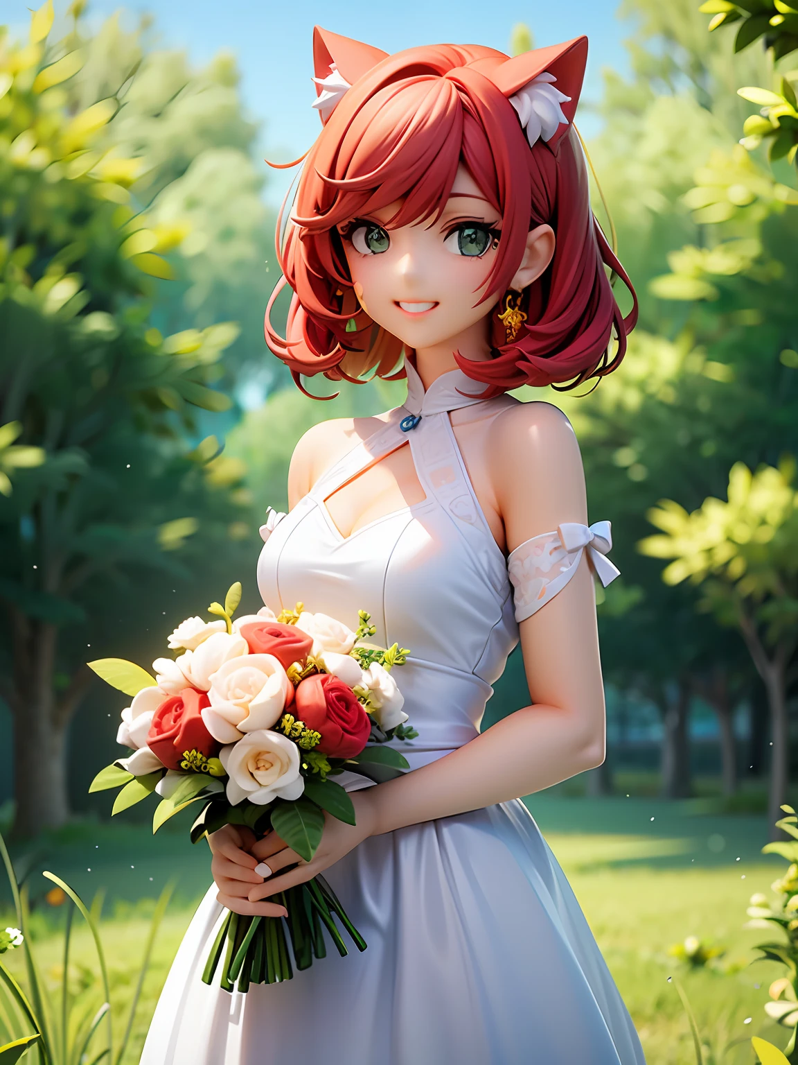 Girl, red hair, short cut, green eyes, cat ear beautiful eyes, smile, happy, white dress, bouquet, holding with both hands, upper body, on grassland, blue sky