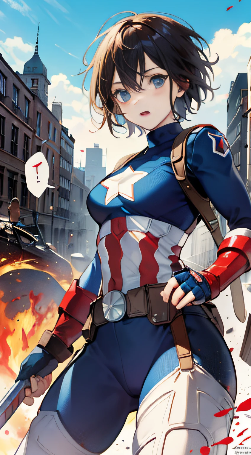 (((Best Quority))),(((hyper detailled))),(((masterpaintings))),(((manga book))),Cool female superhero,Female Captain America,The action is exaggerated and handsome,Captain America's signature move,Dynamic,Voice bubbles,Fighting,bang between eyes,The background is the ruins of the city after the Great War,Epic cinematic footage。