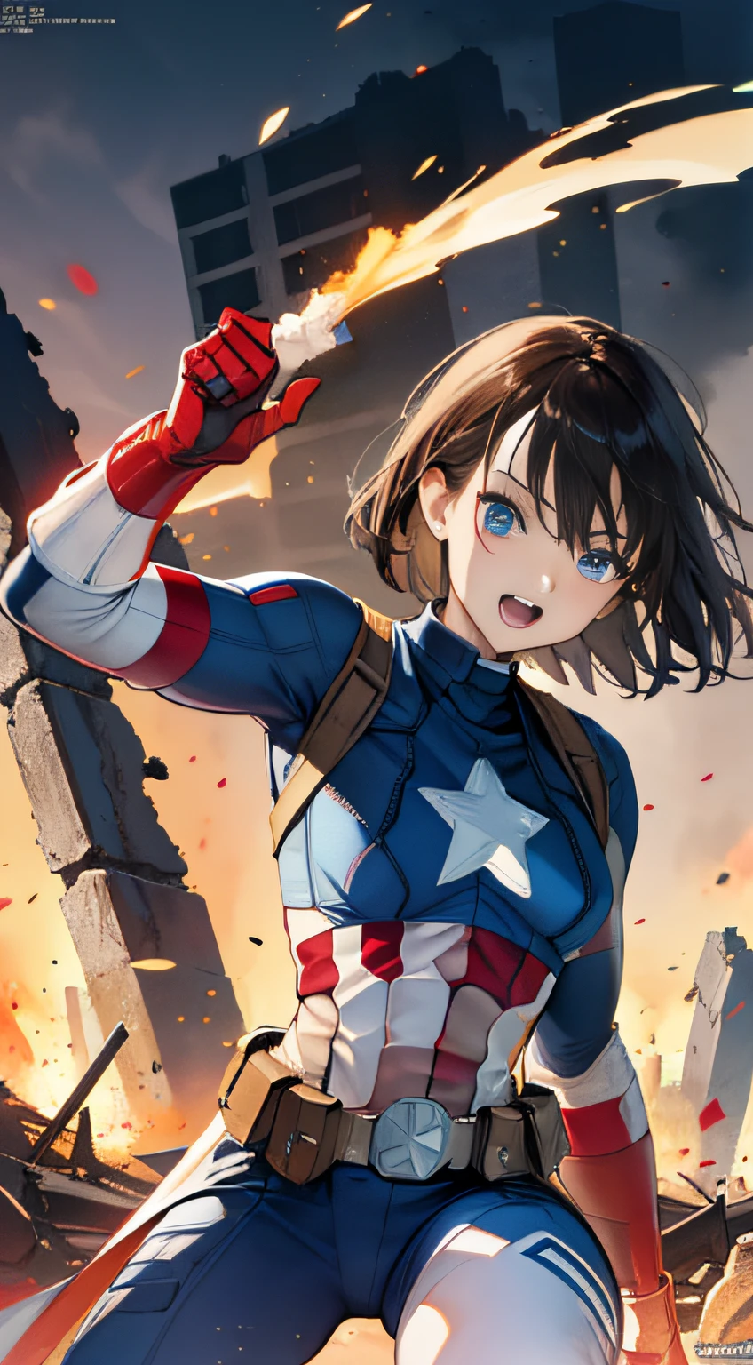 (((Best Quority))),(((hyper detailled))),(((masterpaintings))),(((manga book))),Cool female superhero,Female Captain America,The action is exaggerated and handsome,Captain America's signature move,Dynamic,Voice bubbles,Fighting,bang between eyes,The background is the ruins of the city after the Great War,Epic cinematic footage。