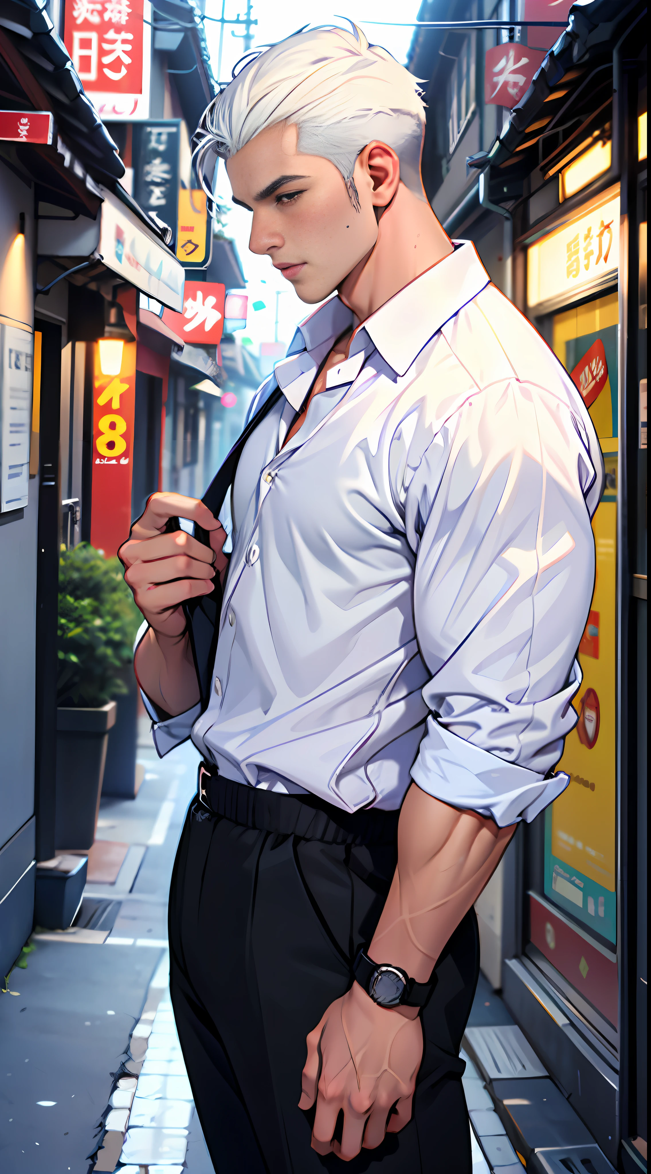 A tall man,Wearing a white hair and white shirt,He was followed by one(Handsome boy:1.2)。Wearing a black hair black T-shirt