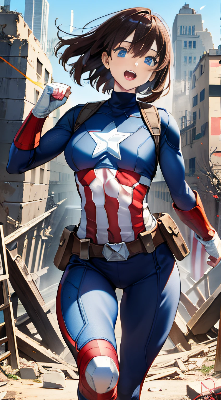 （（（Best Quority））），（（（hyper detailled））），（（（masterpaintings））），（（（manga book））），Cool female superhero，Female Captain America，The action is exaggerated and handsome，Captain America's signature move，Dynamic，Voice bubbles，Fighting，bang between eyes，The background is the ruins of the city after the Great War，Epic cinematic footage。