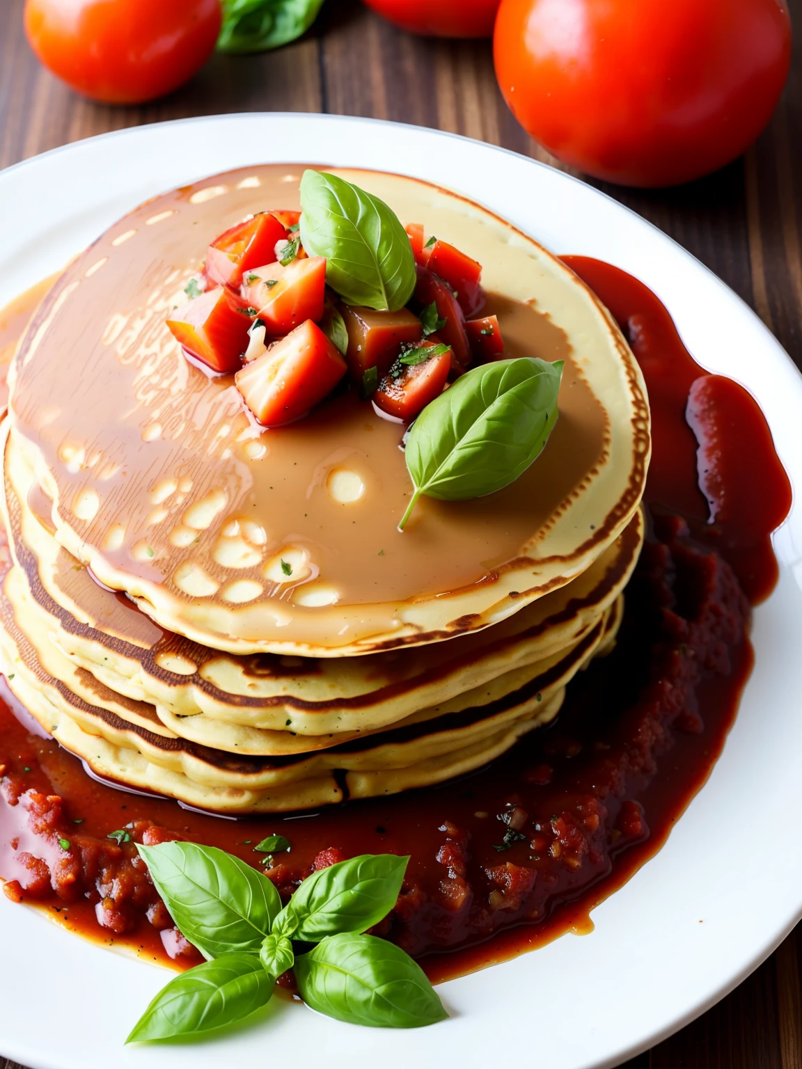 there is a juicy pancake stuffed with red sauce, tomatoes on top, basil leaves