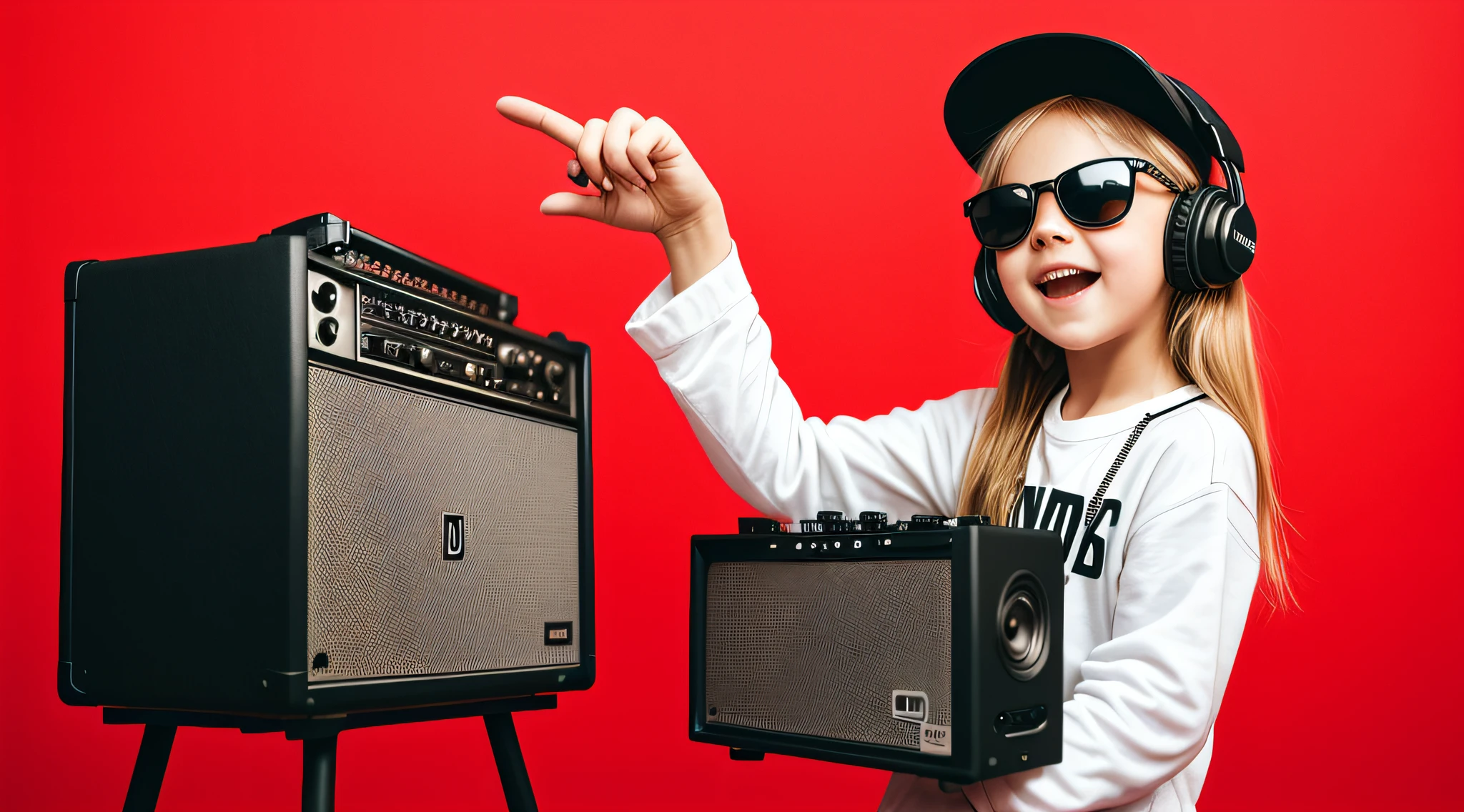  CHILD BLONDE LONG HAIR WEARING A HAT, holding a boombox and pointing with his hand, boombox, music guy, ghetto blaster, on a red background, playing for music, on red background, dj, very low quality picture, red sunglasses and a guitar, big ghetto blaster, with headphones, music is life,  new music, vibrating with music