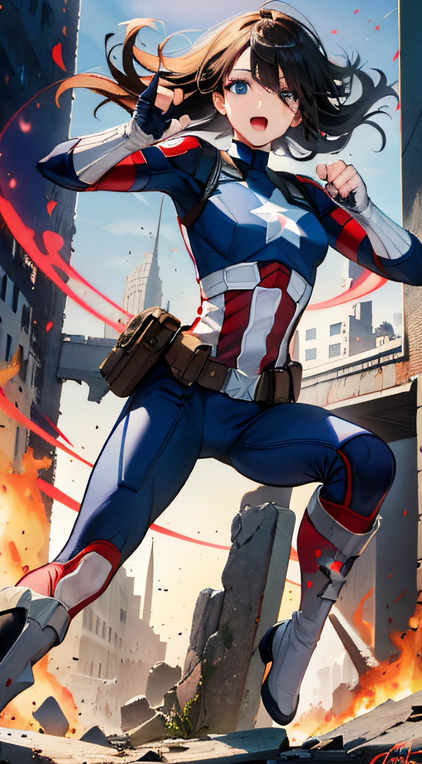 (((Best Quority))),(((hyper detailled))),(((masterpaintings))),(((manga book))),Cool female superhero,Female Captain America,The action is exaggerated and handsome,Captain America's signature move,Dynamic,Voice bubbles,Fighting,bang between eyes,The background is the ruins of the city after the Great War,Epic cinematic footage。