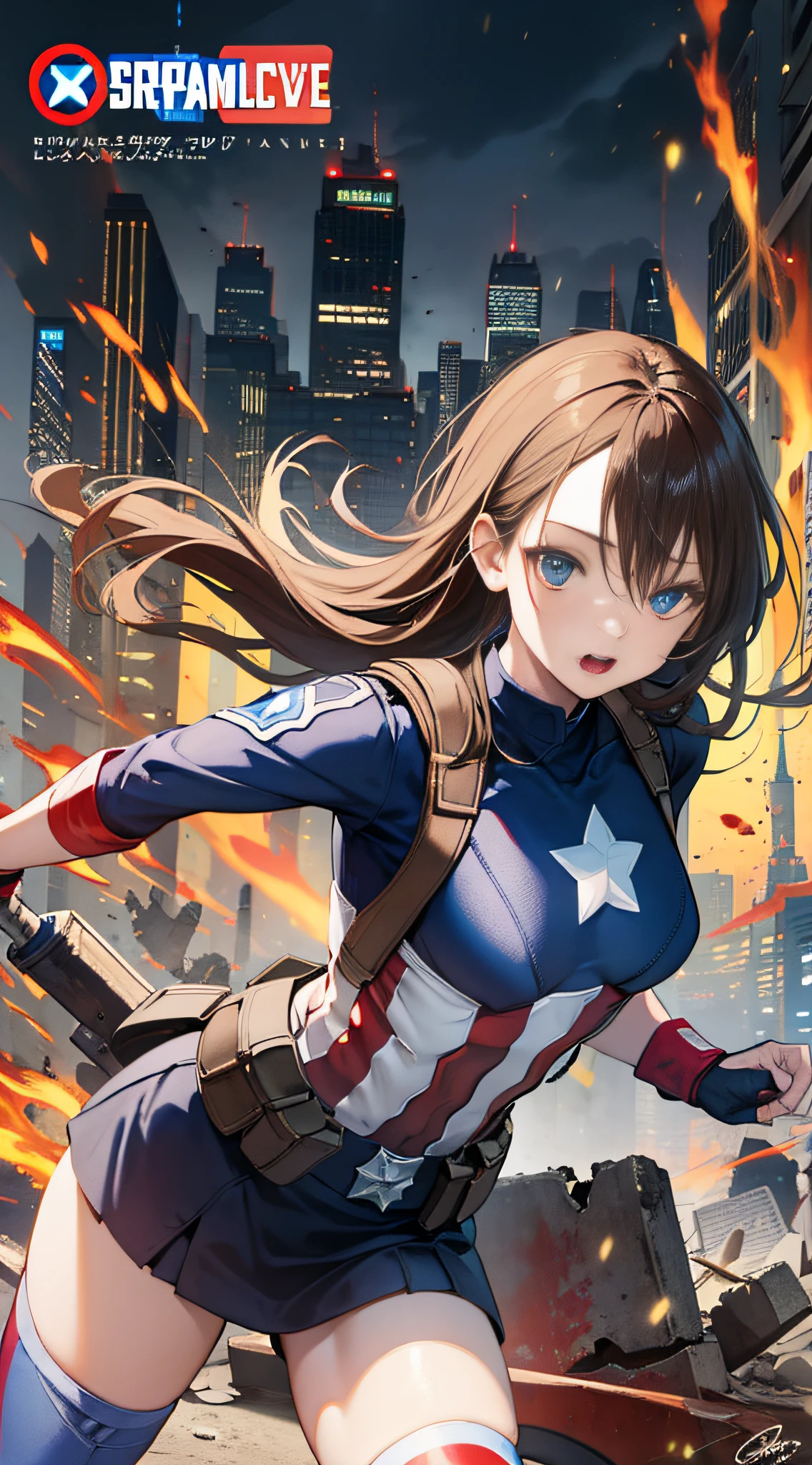 (((optimal quality))),(((superdetailed))),(((masterpaintings))),(((manga book))),Cool female superhero,Female Captain America,The action is exaggerated and handsome,Captain America's signature move,Dynamic,Voice bubbles,Fighting,bang between eyes,The background is the ruins of the city after the Great War,Epic cinematic footage。