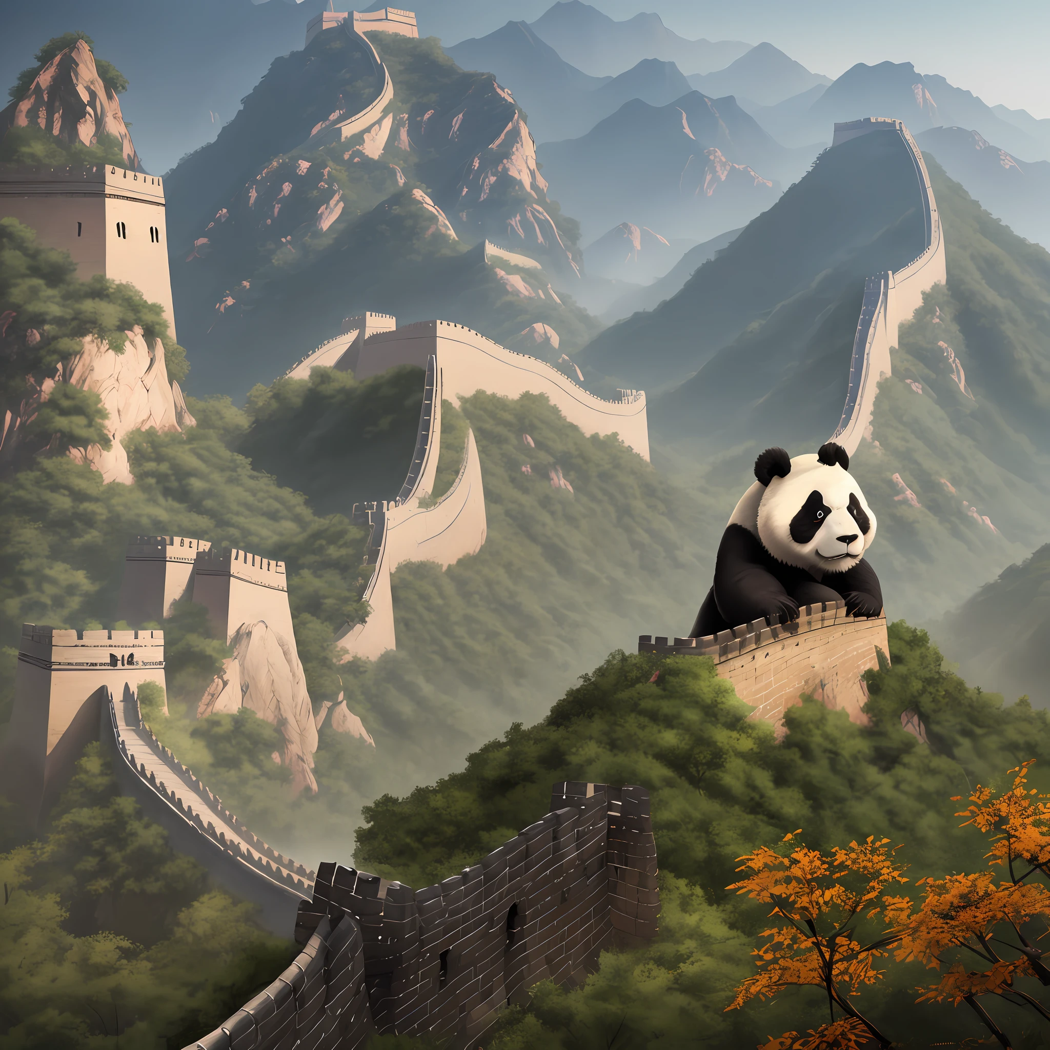 the Great wall, China, Pandas, bamboo, Juizhaigou, dramatic theme, realistic photography, masterpiece, high detail image, high definition, high quality, 8k resolution, clean sky, octane Rander, fantasy art style, unreal engine
