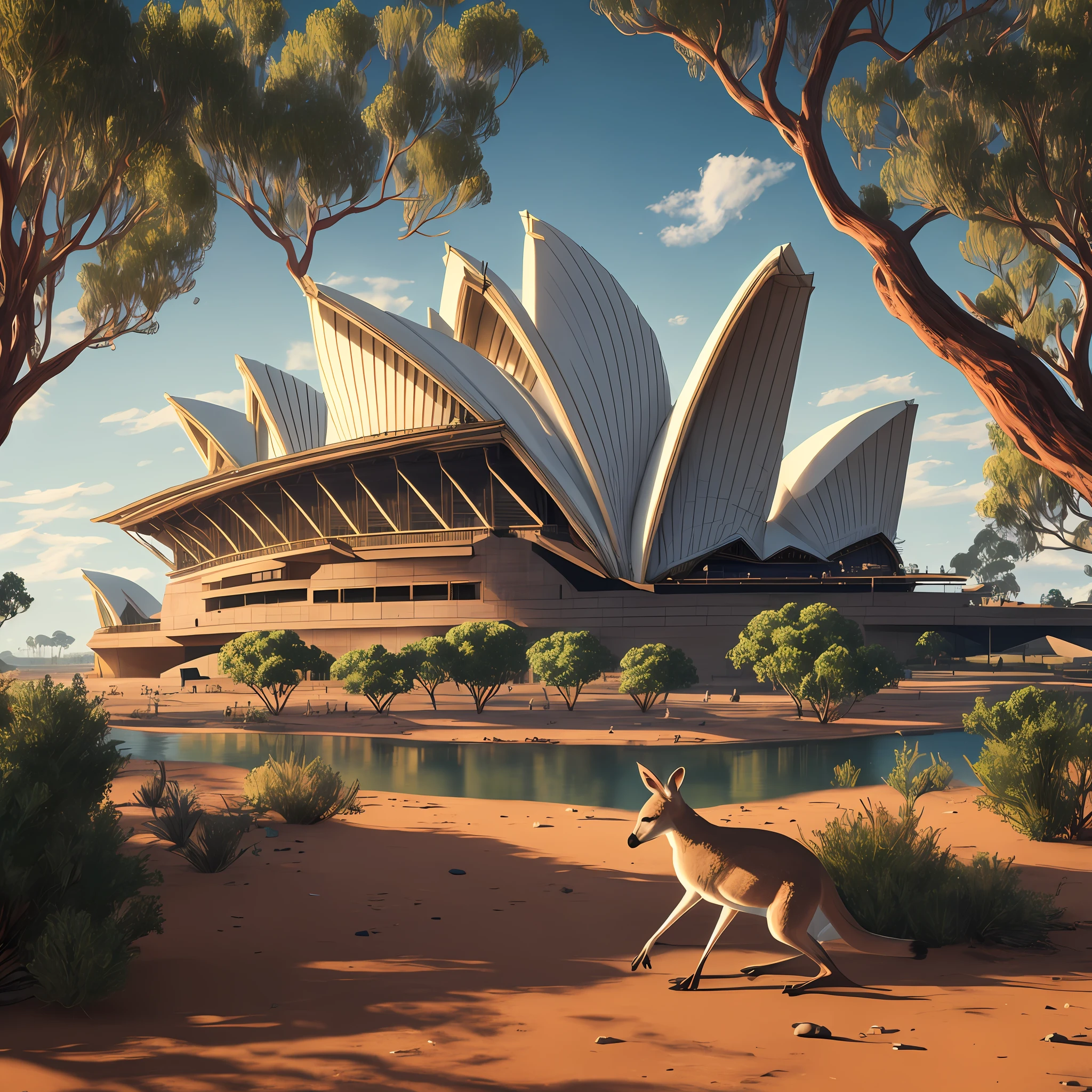 Sydney opera house, Australia, kangaroos, gum trees , great Victoria desert, dramatic theme, realistic photography, masterpiece, high detail image, high definition, high quality, 8k resolution, clean sky, octane Rander, fantasy art style, unreal engine