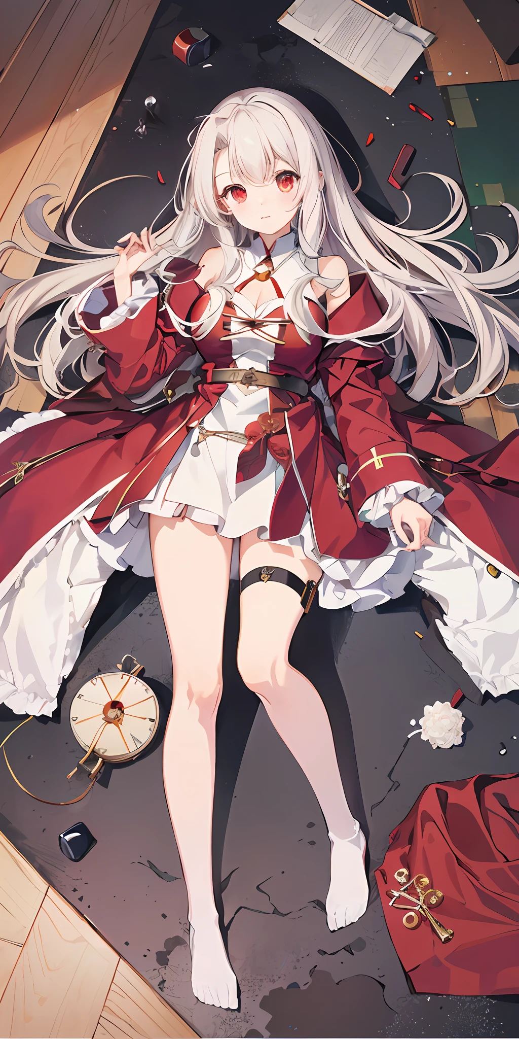 anime - style picture of a woman in a red coat laying on a floor, (巨作:1.4), (Best quality:1.4), 1girl huge large breasts, 独奏, Red eyes, White hair, Long hair, (illyasviel von einzbern:1.2),