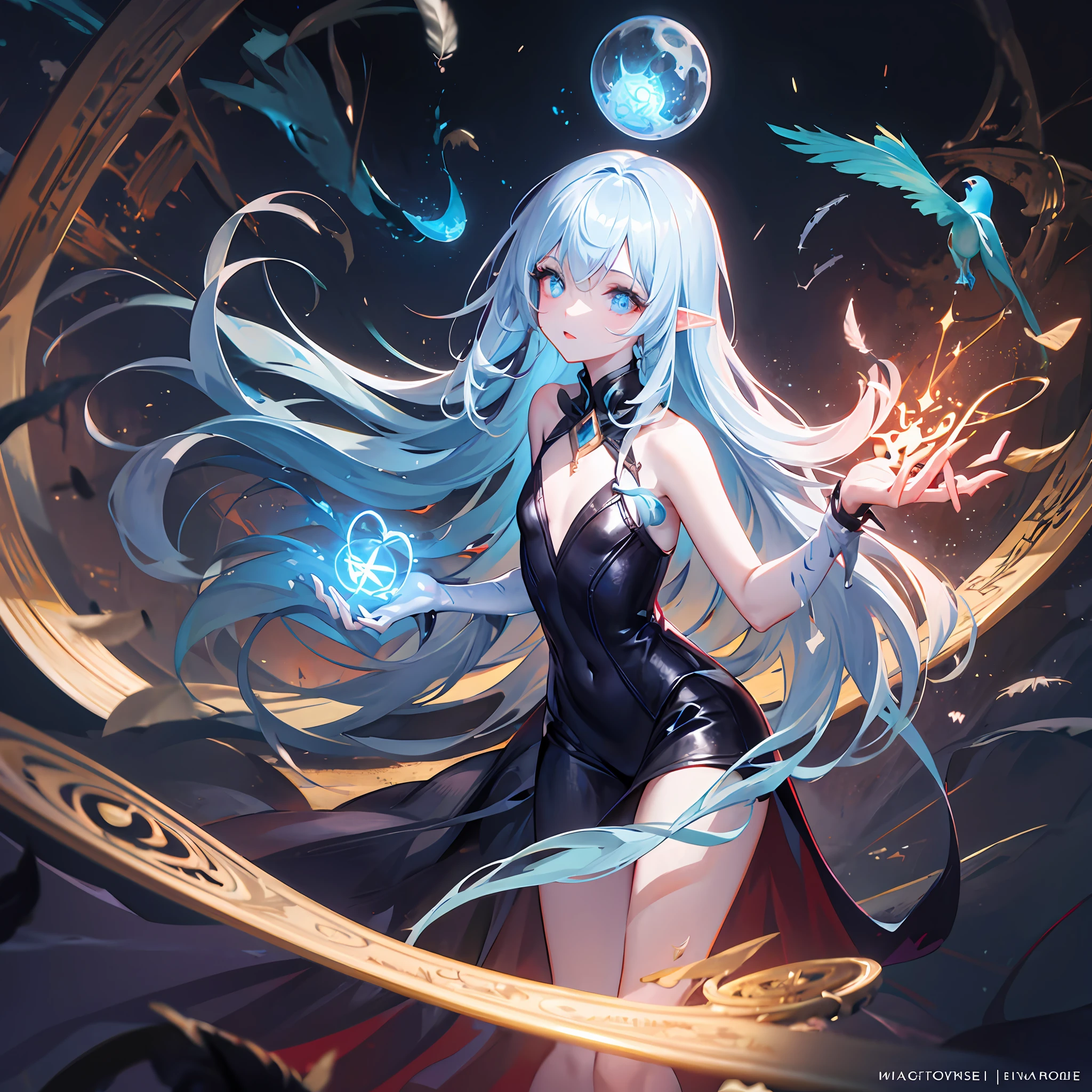 death, blood, night, darkness, (fantasy), infinity, deep blue sky, abyss of knowledge, knowledge, ((masterpiece)),(((extreme))),((beautiful detailed eyes)),(eyelashes) , monster, (1 female), blue hair, long hair, abyssal eyes, shiny skin, oil, small chest, (bird body, feathers), rags, Tzeentch, elf, extremely fine CG unity 8k wallpaper, masterpiece ,((ultra-detailed)),((illustration)), colorful, wallpaper, energy, unknown horror, arcane, magic surrounding, magic surrounding, magic wand, book pages, flying all over the sky, knowing what it is, predicting the future, understanding the past , Infinite Wisdom, Blue Flame, Warlock, Magic Circle, Pentagram, Mantra, Mantra, Singing Magic,