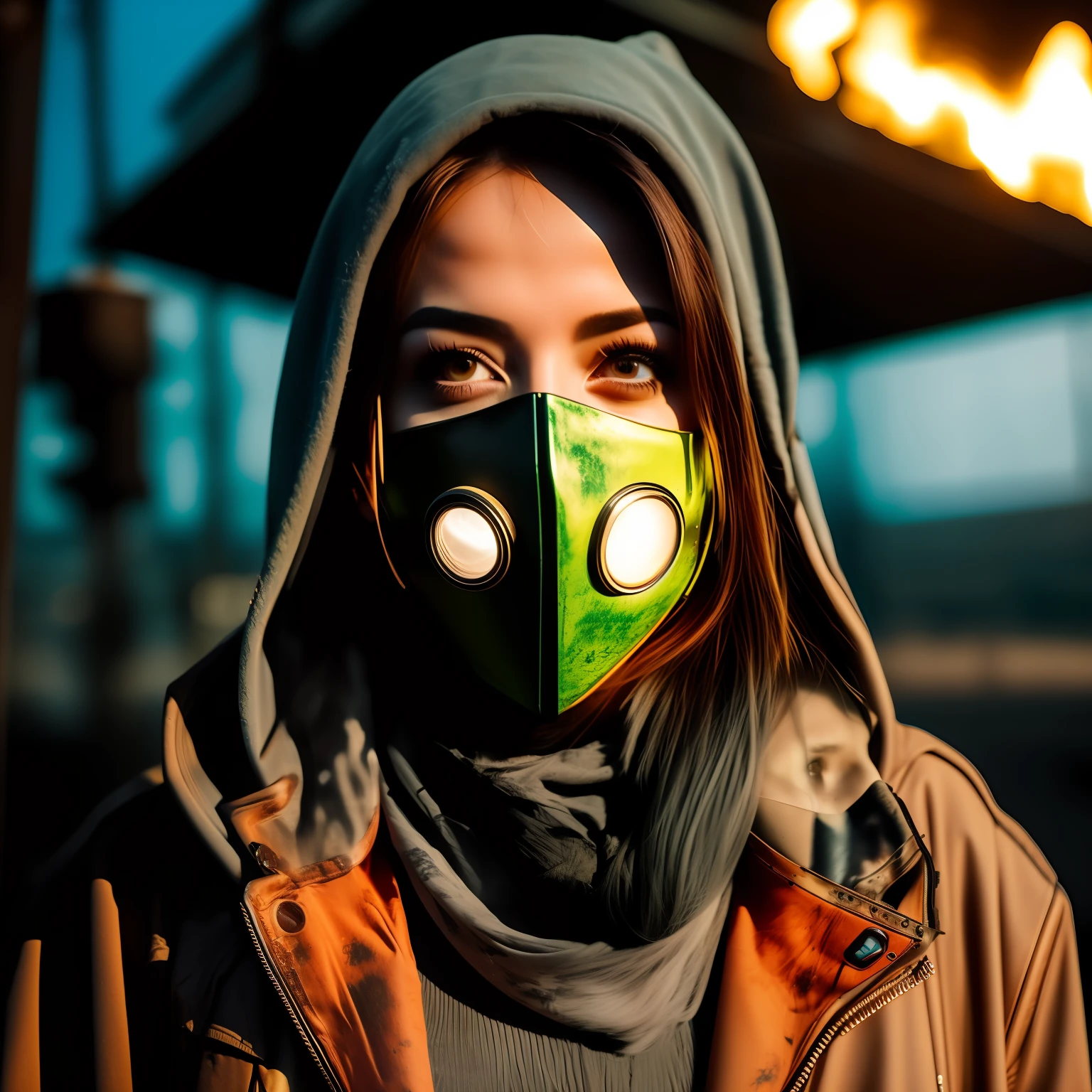 a photo of a post apocalyptic woman with a glowing mask gas on her face, portrait photo, Futuristic Clothes