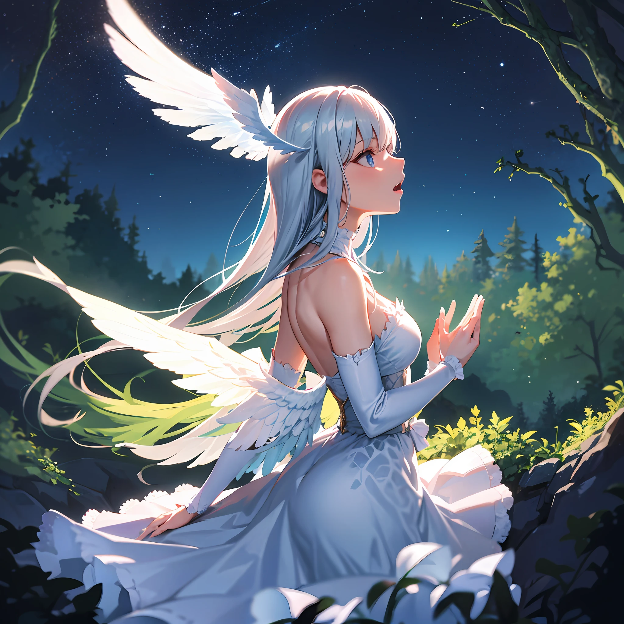 People Girl White dress In the deep forest Arms outstretched Looking up to the heavens Hazy around Silver hair long hair Big white wings on the back Archangel Advent