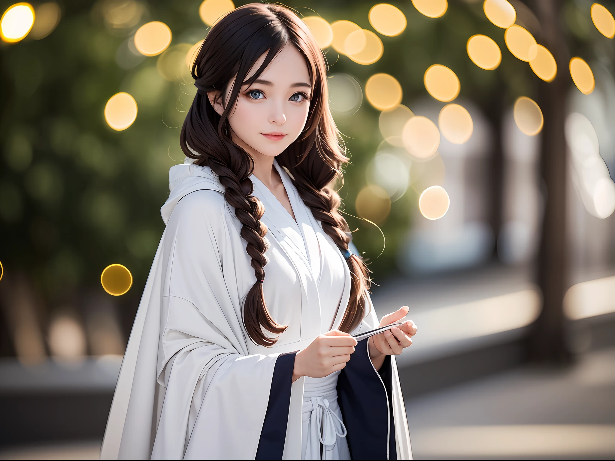((1 girl)), magician, light magic, wearing a white robe made of light, magic forest, flowing, (Fire)) magic), tight magician's clothing, magic clothes, ((flowing hairstyle)))), (shining eyes))), wearing a cloak, (((bokeh)), depth of field,