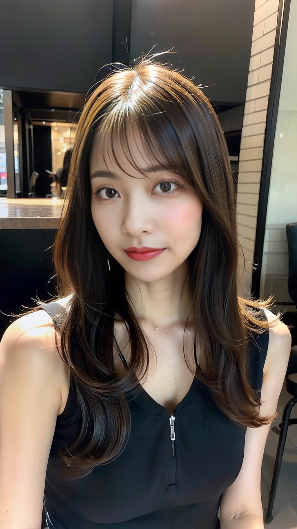 шедевр, Top image quality, A high resolution, 独奏, small tits, 40yo, (wrinkles:0.09), 1 persons, Stylish bar, sits on a chair, Stylish coordination, Semi-long hair