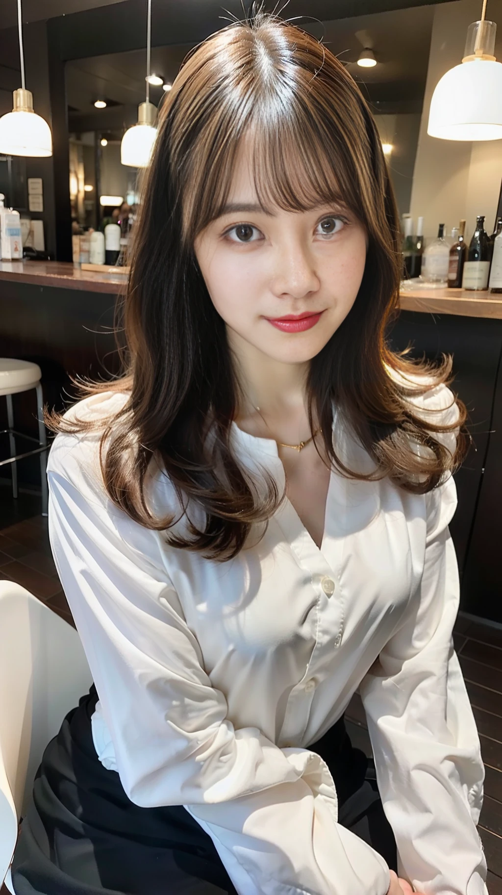 шедевр, Top image quality, A high resolution, 独奏, small tits, 40yo, (wrinkles:0.09), 1 persons, Stylish bar, sits on a chair, Stylish coordination, Semi-long hair