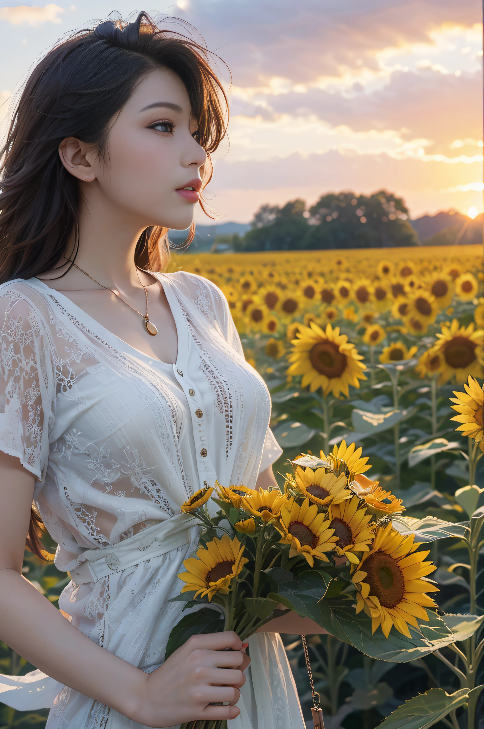 (шедевр、最好质量:1.2)、ultra hyper-detailed、lighting like a movie、（（1 beutiful girl））、body complet、shirts、summer vacation、a country road、Sunflower field、135mm f/1.8