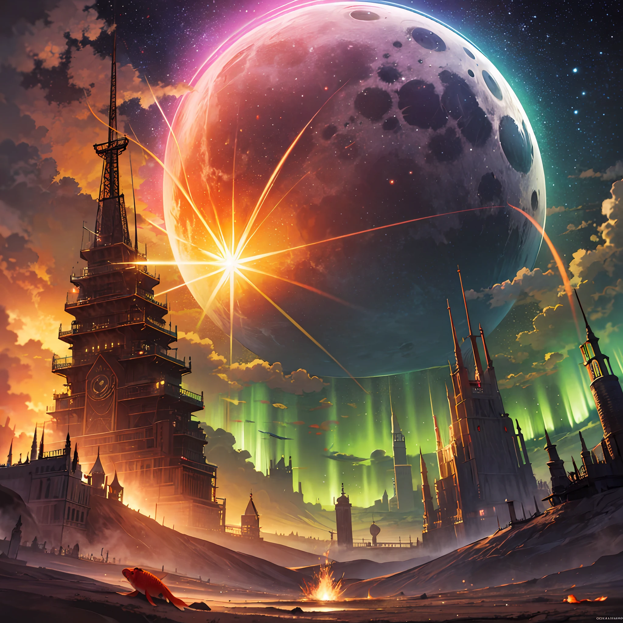 (goldfish:1.2),moon,night,laser,beam,big explosion,aurora,skyscraper,desert,volcano,lunar eclipse,solar eclipse,rainbow,thunder