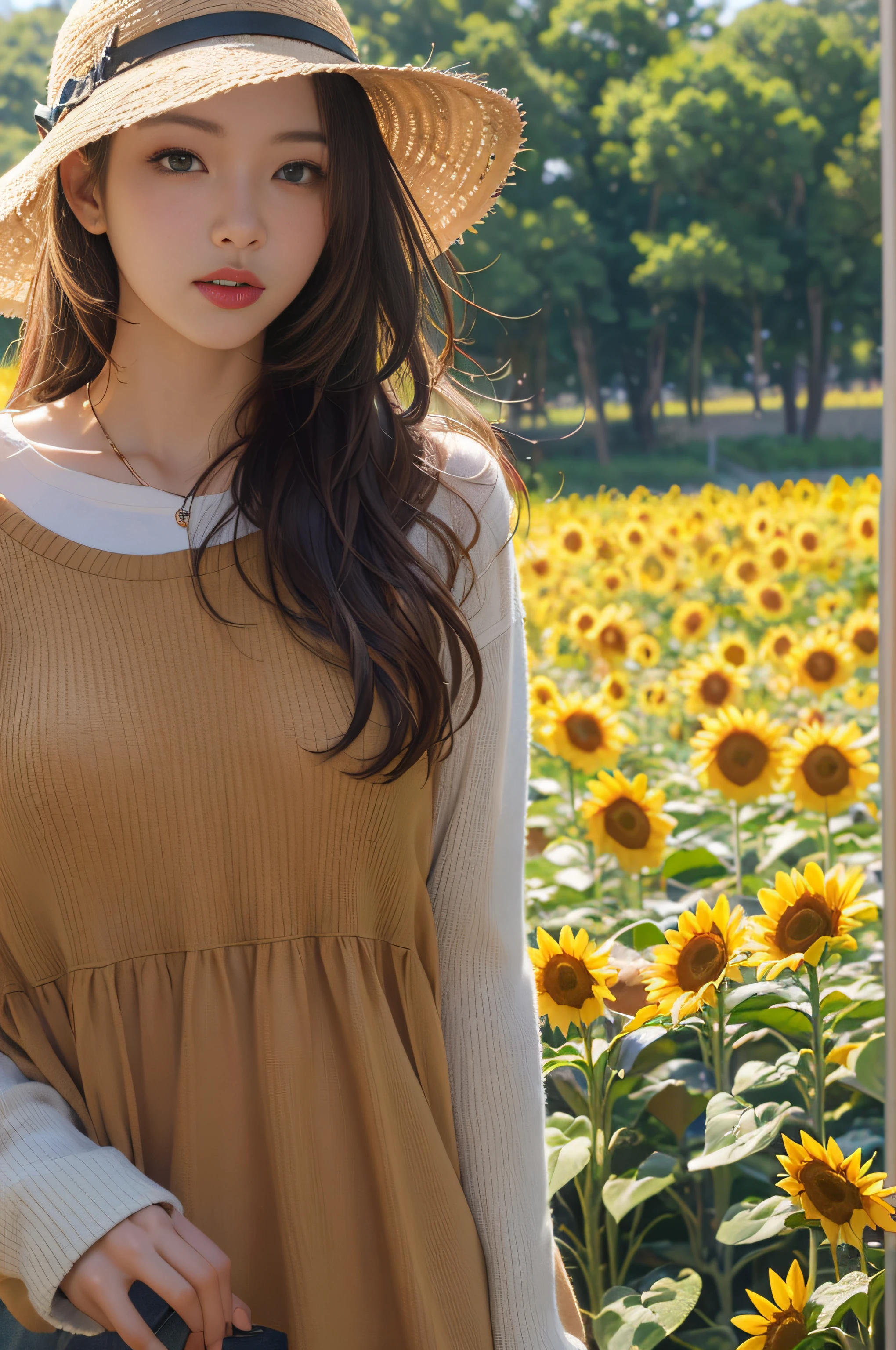 (шедевр、最好质量:1.2)、ultra hyper-detailed、lighting like a movie、((1 beutiful girl))、body complet、shirts、summer vacation、a country road、Sunflower field、135mm f/1.8