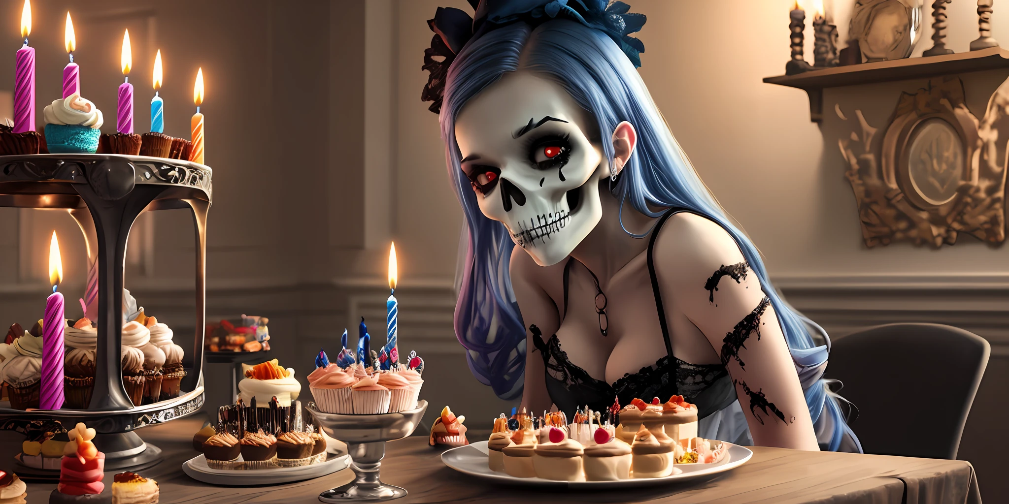 Zombie birthday party, epic party of a beautiful and sexy zombie, a room with zombie objects, skull bones in front of the 8th anniversary birthday cake, realistic high definition, zombie party. --auto --s2