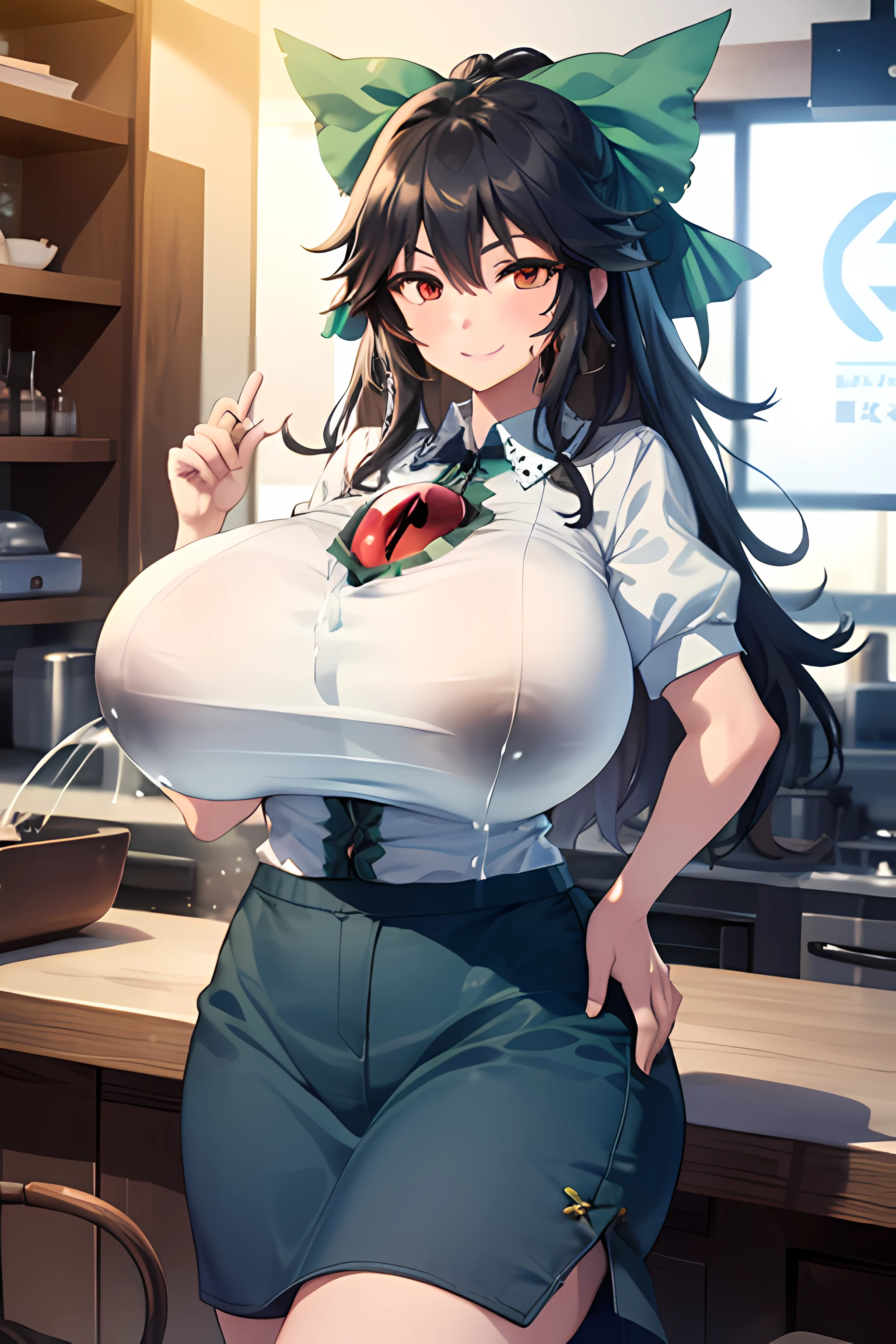 (masute piece, Best quality:1.2), Cowboy Shot, Solo, 1girl in, reiuji utsuho, third eye, smile, Looking at Viewer, put hands on the hip, Hair Bow, Shirt,puffy short sleeves, Skirt, Wings, (huge-breast:1.5),(Dripping milk:1.2)