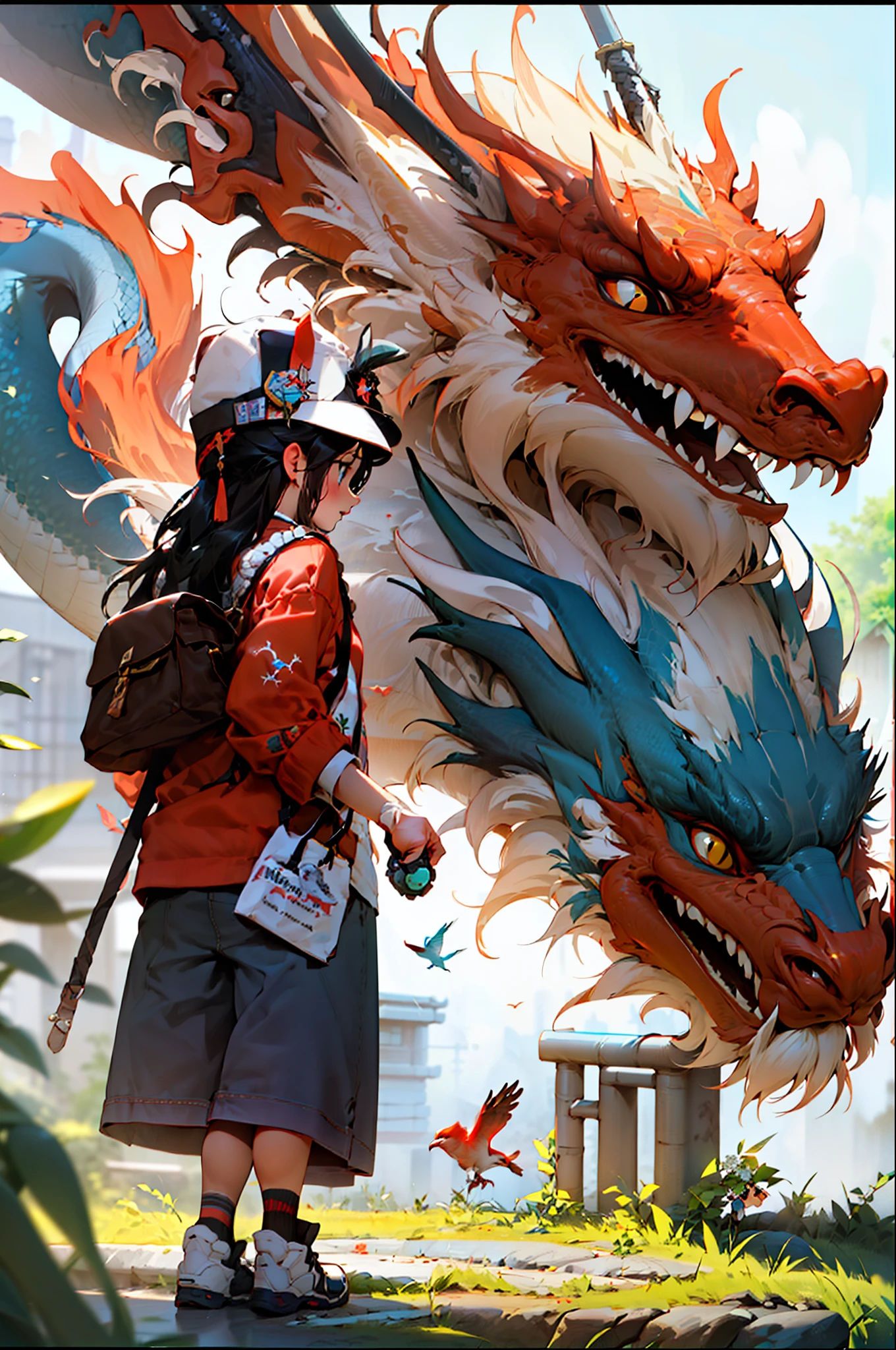 girl, letterboxed, holding, outdoors, bird, standing, cloud, 1boy, weapon, from behind, sky, cloudy sky, animal, holding weapon, eastern dragon, monster, 1other, hat, fog,