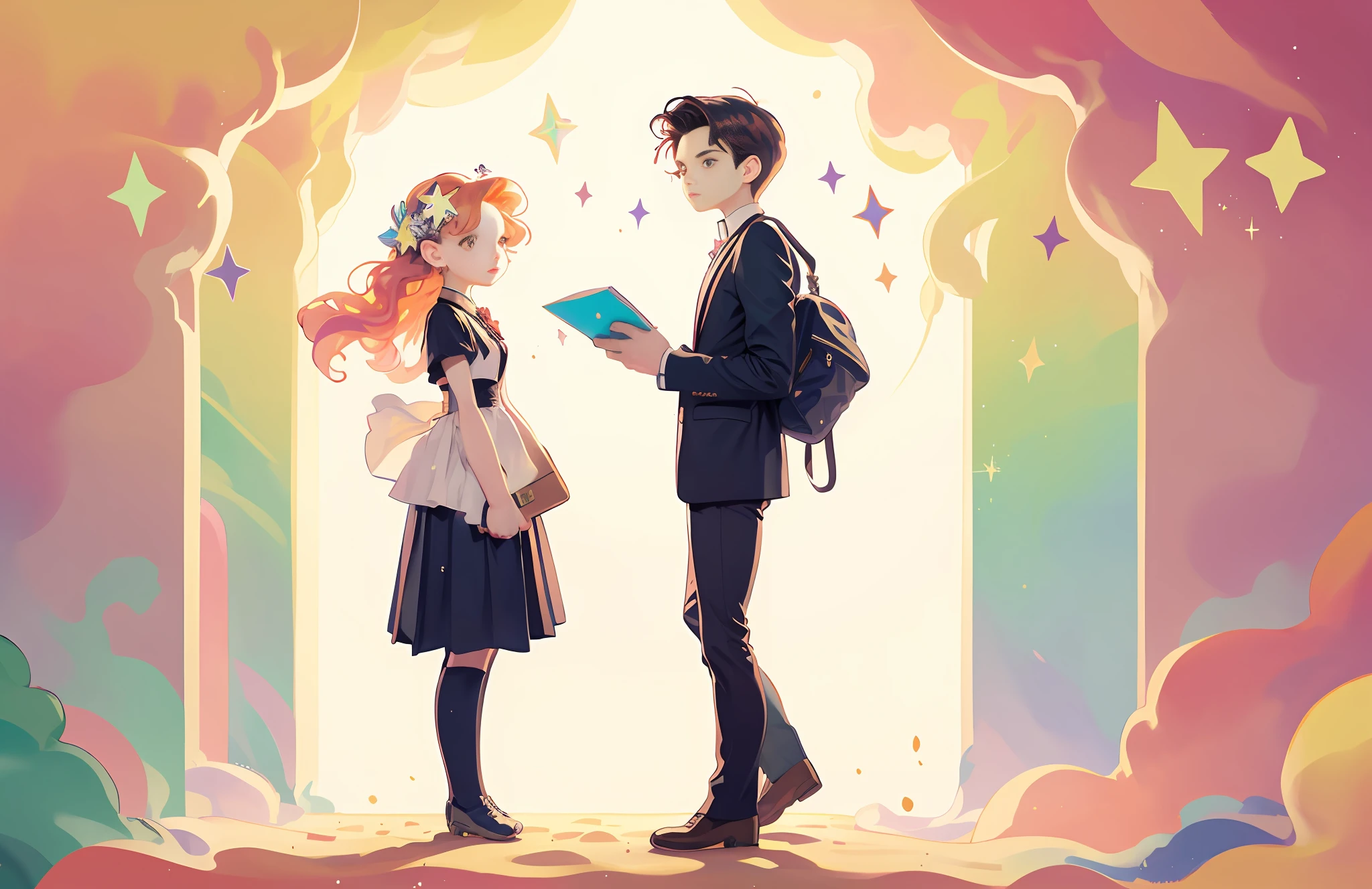 masterpiece, best quality, chibi, handsome tall dark haired boy, masterpiece, best quality, chibi, ginger girl holding map in school, cute, confused, vibrant, colorful, stars, sparkle, shiny, iridescent, high school hallway, multiple people