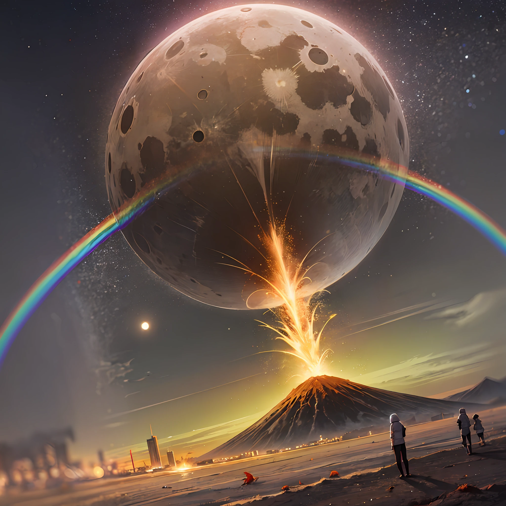 (goldfish:1.2),moon,night,laser,beam,big explosion,aurora,skyscraper,desert,volcano,lunar eclipse,solar eclipse,rainbow,thunder