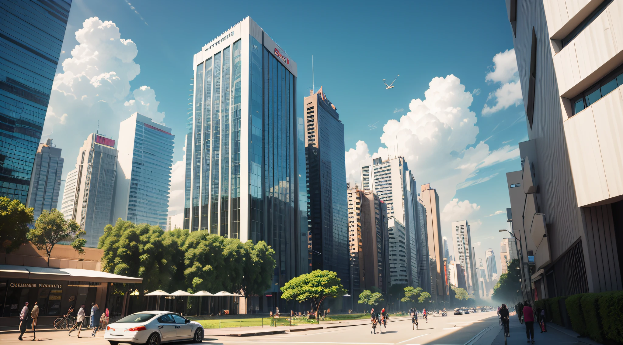 /imagine prompt: The city of São Paulo in the future in the year 2100, in a utopian and sustainable society, with buildings covered with vertical gardens, parques suspensos conectando as torres, solar panels on all surfaces, clear blue sky, Arte, digital illustation, --ar 16:9 --v 5 --auto