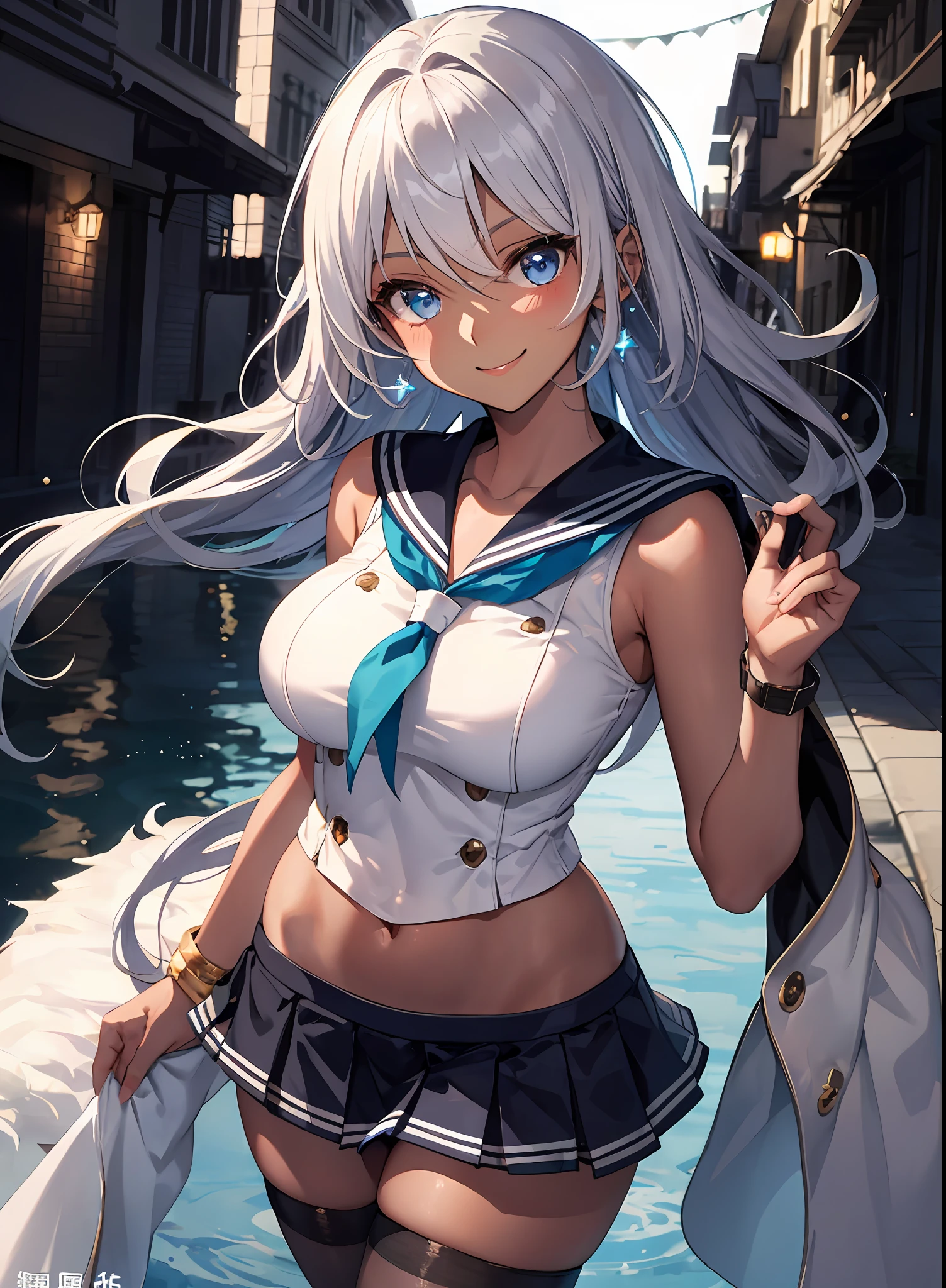 1 Girl、(Dark  skin:1.7),exteriors、шедевр、beautiful  lighting、Detailed beautiful face、Detailed beautiful eyes、A high resolution、Ultra-fine illustration、an extremely delicate and beautiful、beste-Qualit、The whole body is shown, 独奏, (A MILF:1.5),30s、(has silver hair,short-cut、Blue eyes),, Curvaceous, (shinny hair, Glossy eyes, shinny skin), Laugh, A smile, (shining skin:1.2), (White sailor suit)、Pichi Pichi clothes、thighs thighs thighs thighs、simple clothes、Short hem、sleevless 、(a short skirt)、pelvis curtain、Armpits、A smile、black thighhighs、Watch your audience、under-boobs、blushed、perspiring、Jeweled、thick-thighs、Parting lips、pantyhose、Blushing cheeks