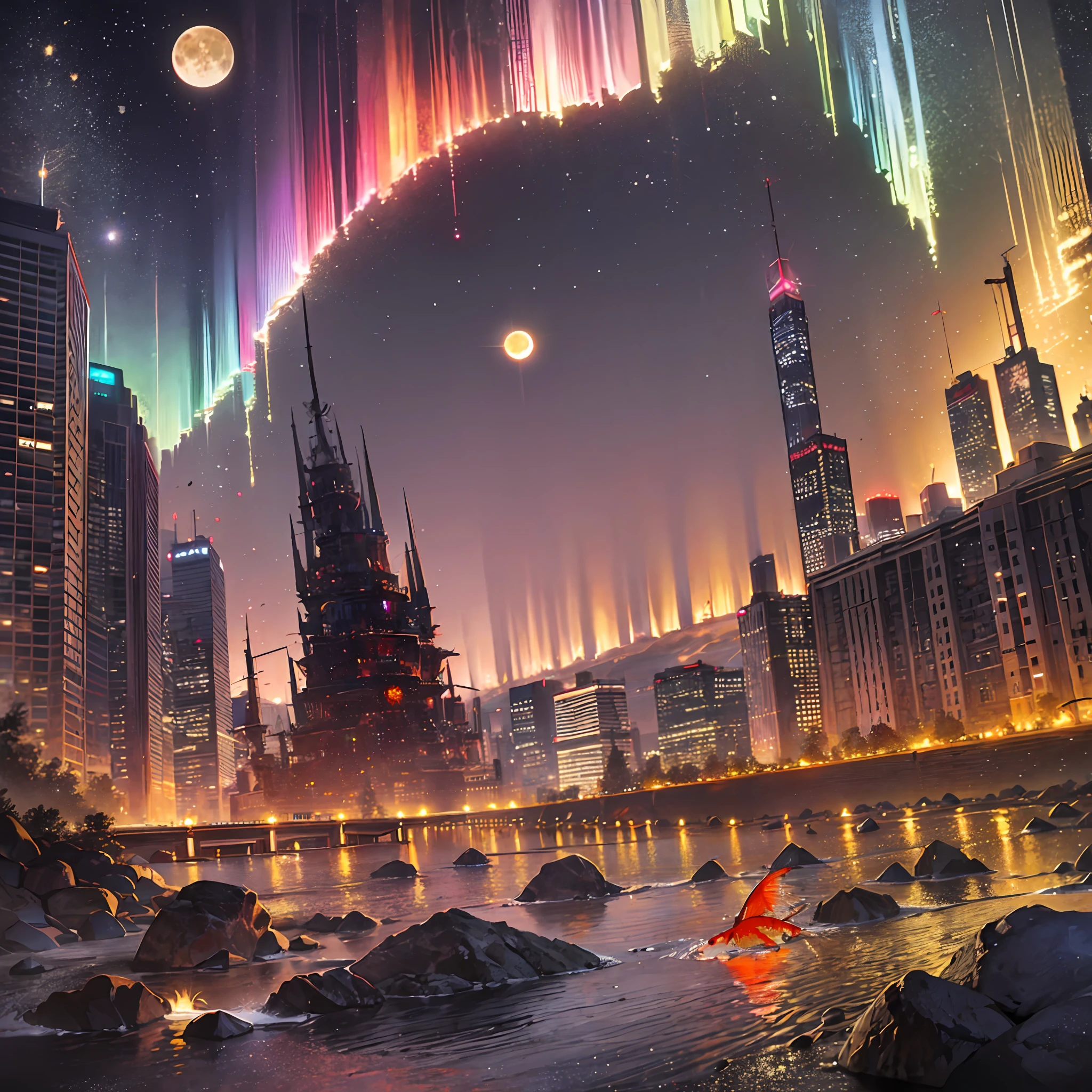 (goldfish:1.4),moon,night,laser,beam,big explosion,aurora,skyscraper,desert,volcano,lunar eclipse,solar eclipse,rainbow,thunder
