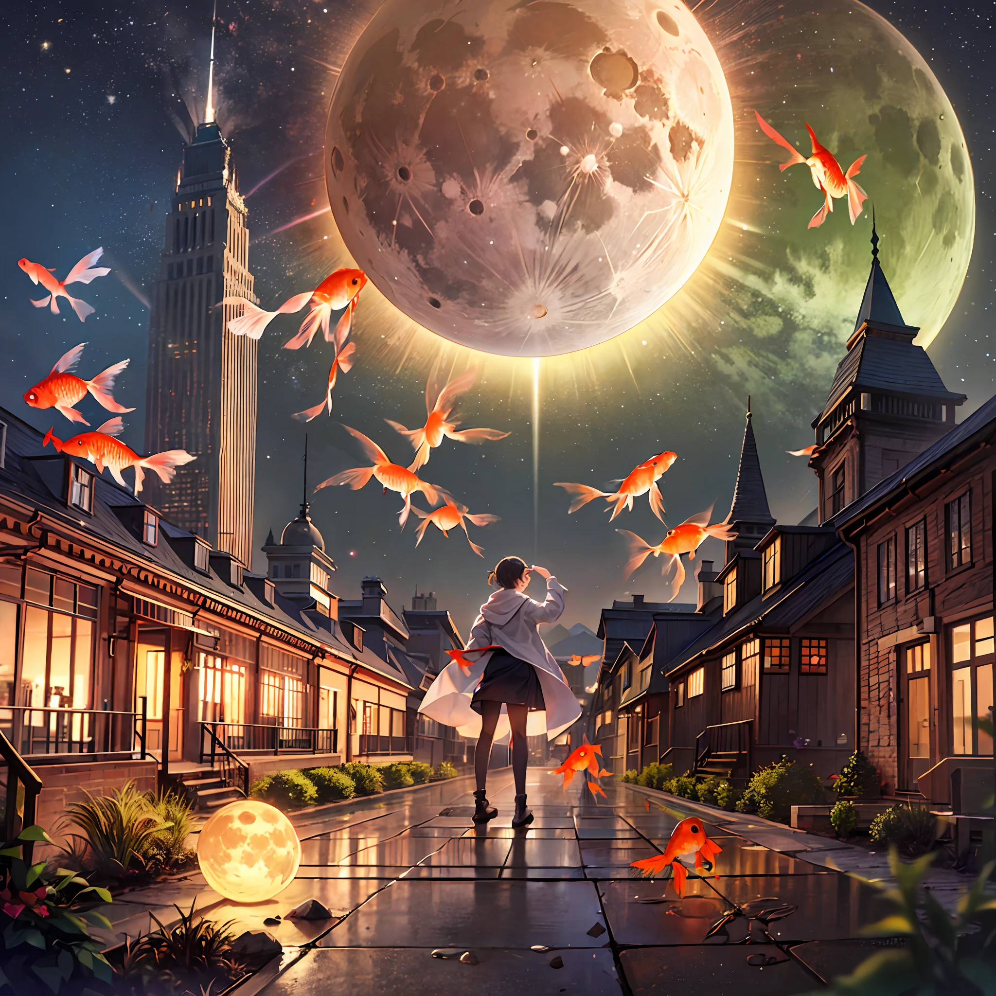 (goldfish:1.4),moon,night,laser,beam,big explosion,aurora,skyscraper,desert,volcano,lunar eclipse,solar eclipse,rainbow,thunder