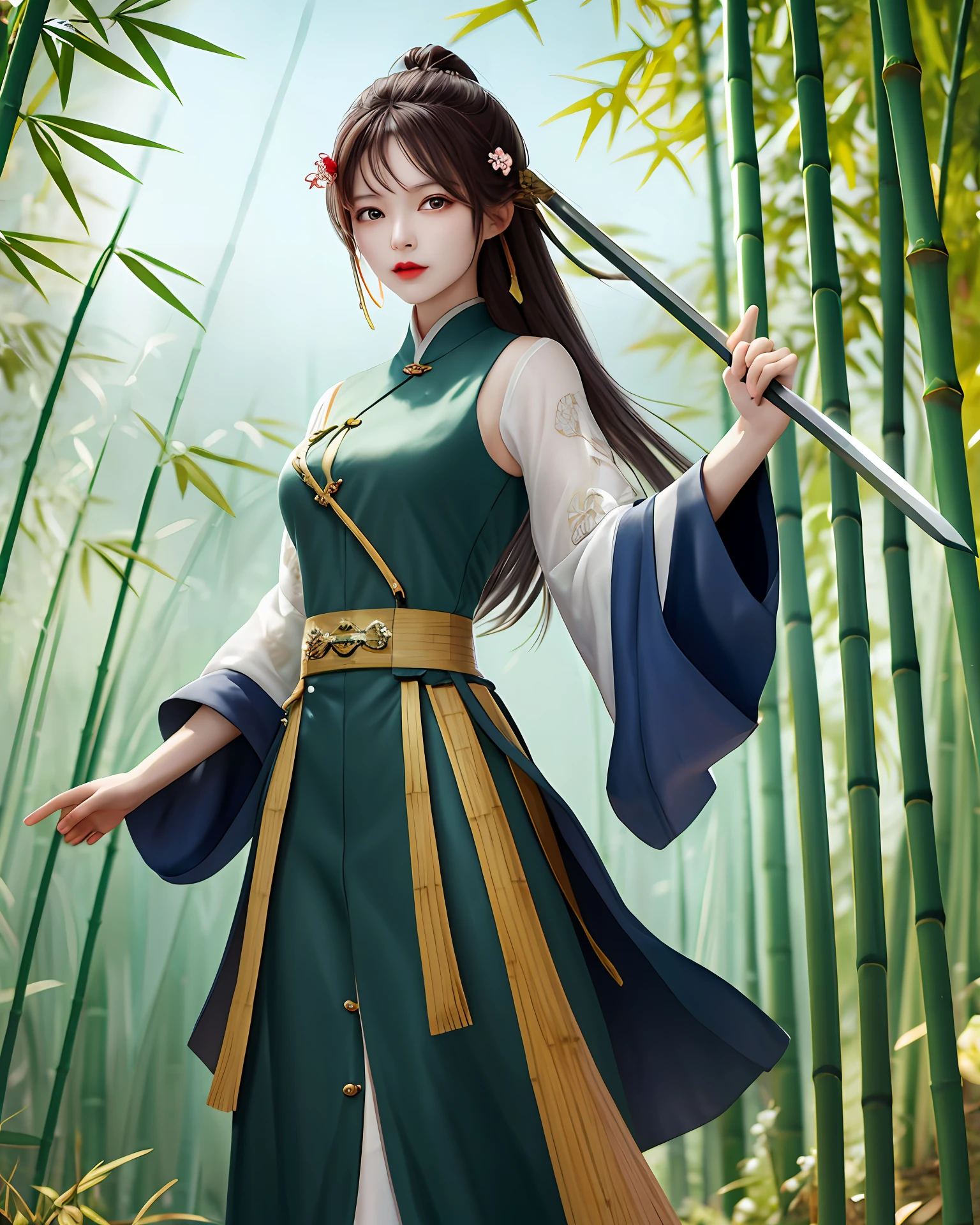 A woman in Tsing Yi stands in a bamboo forest with a sword in her hand