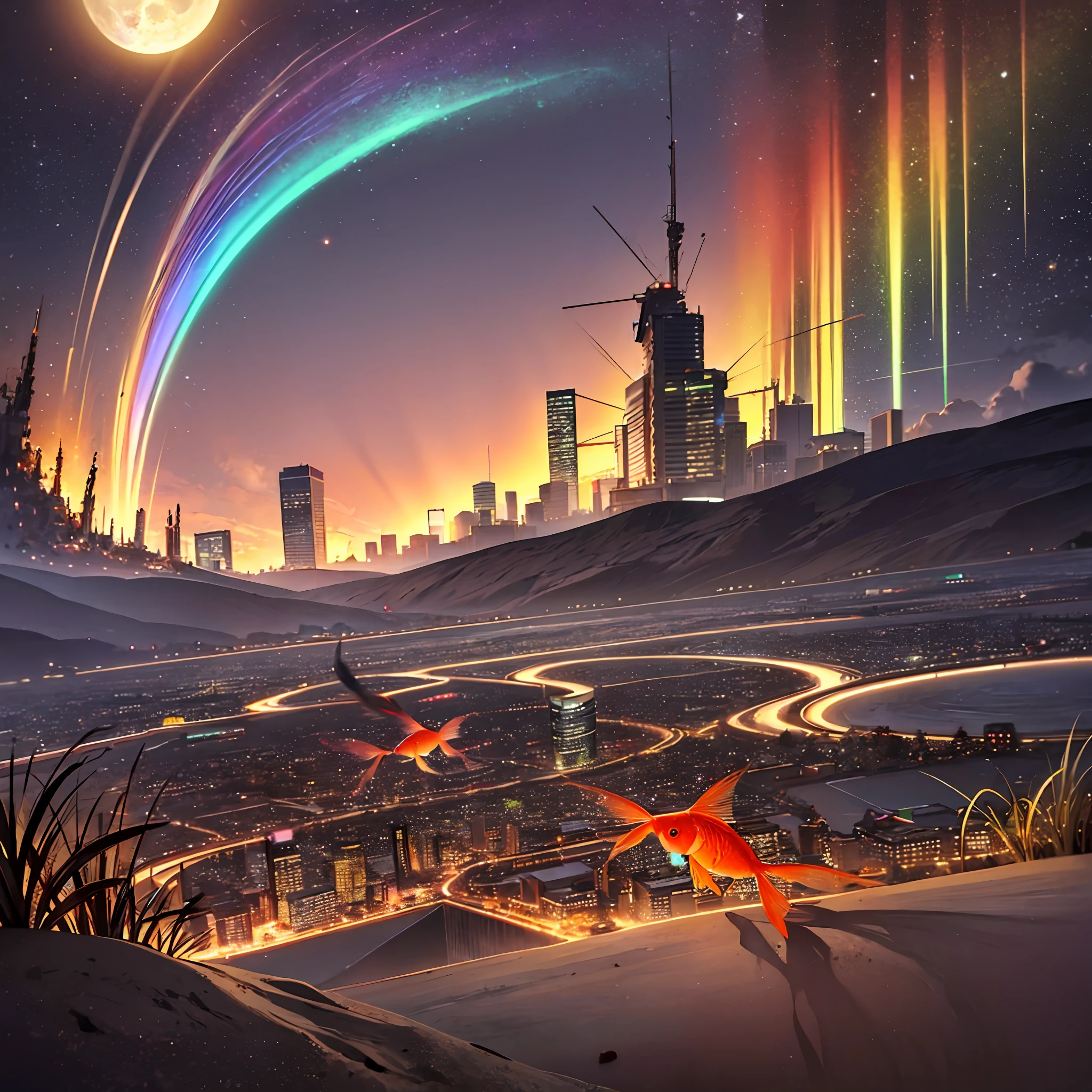 (goldfish:1.4),moon,night,laser,beam,big explosion,aurora,skyscraper,desert,volcano,lunar eclipse,solar eclipse,rainbow,thunder