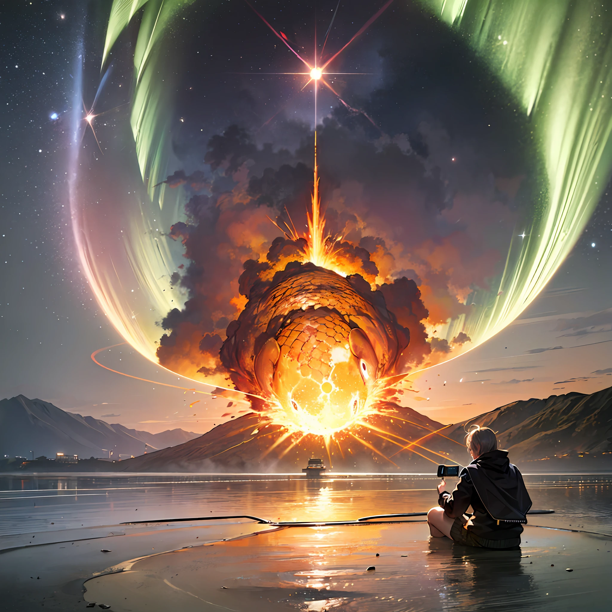 (goldfish:1.3),moon,night,laser,beam,big explosion,aurora,skyscraper,desert,volcano,lunar eclipse,solar eclipse,rainbow,thunder