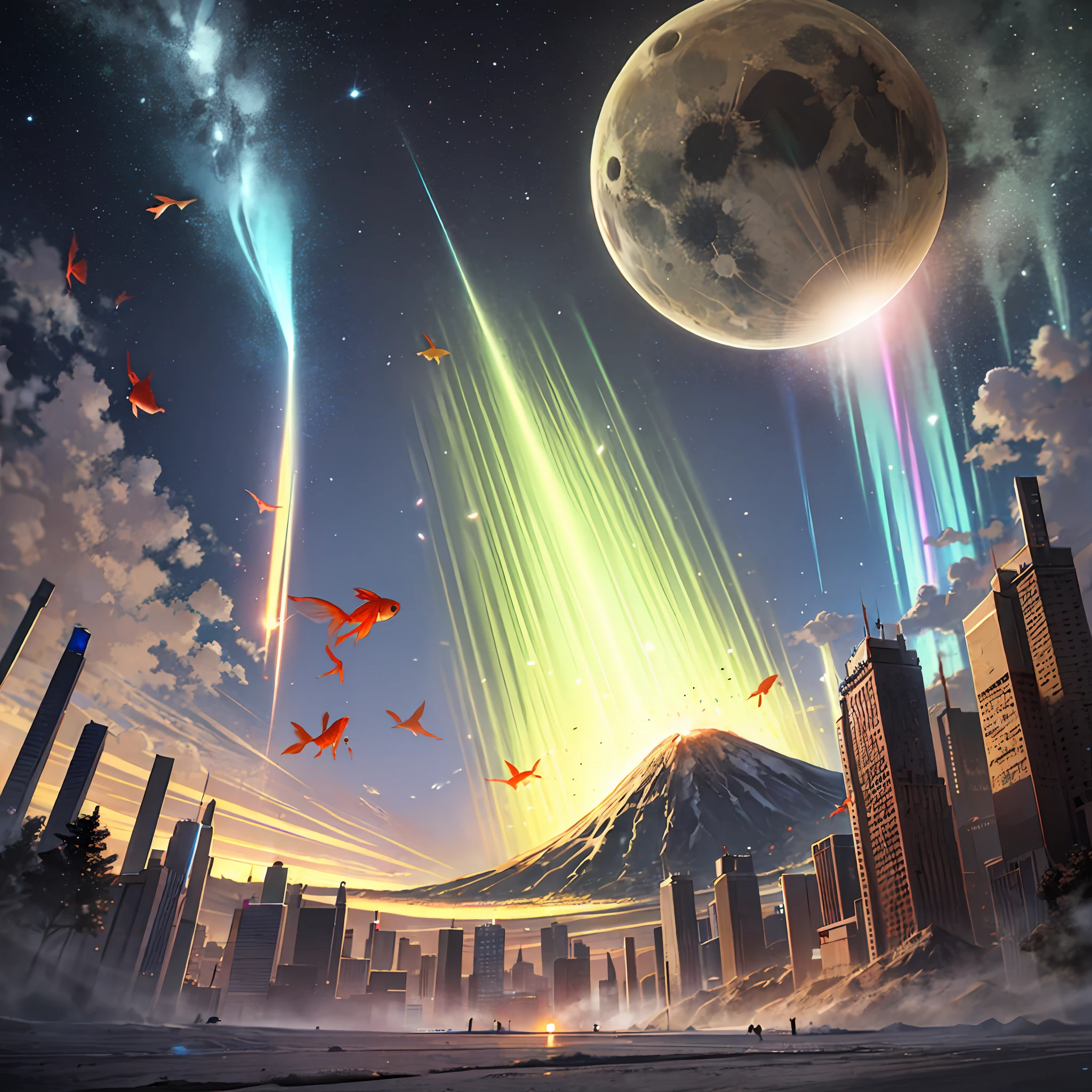 (goldfish:1.3),moon,night,laser,beam,big explosion,aurora,skyscraper,desert,volcano,lunar eclipse,solar eclipse,rainbow,thunder