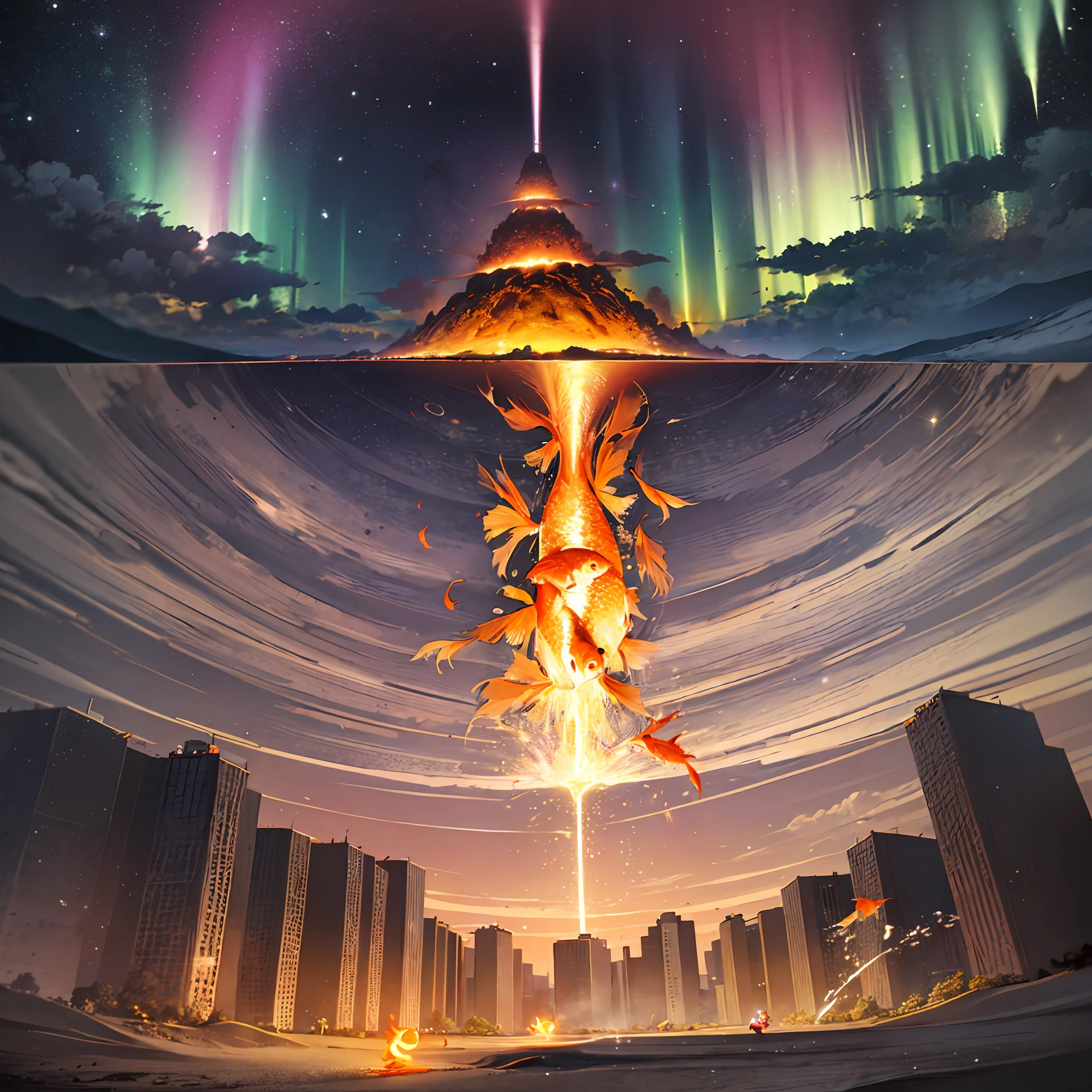 (goldfish:1.3),moon,night,laser,beam,big explosion,aurora,skyscraper,desert,volcano,lunar eclipse,solar eclipse,rainbow,thunder