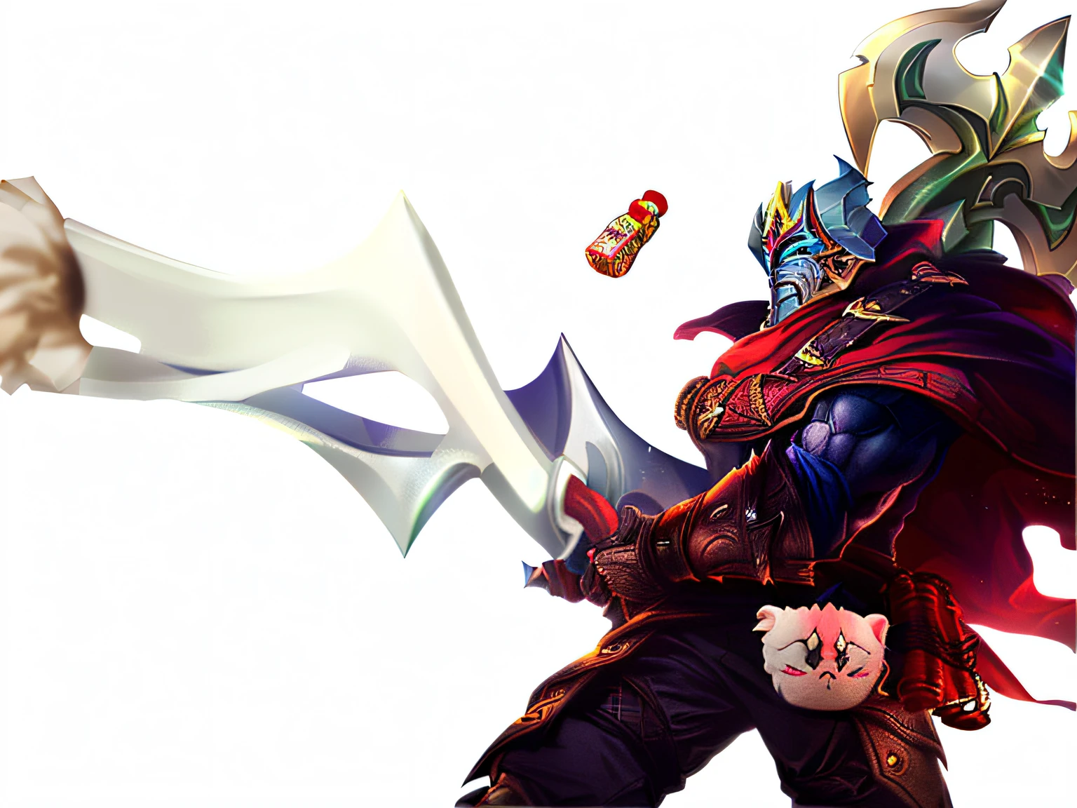 there is a man with a sword and a mask on, ganondorf, from league of legends, as a badass monster hunter, Keep the mask of him, --auto