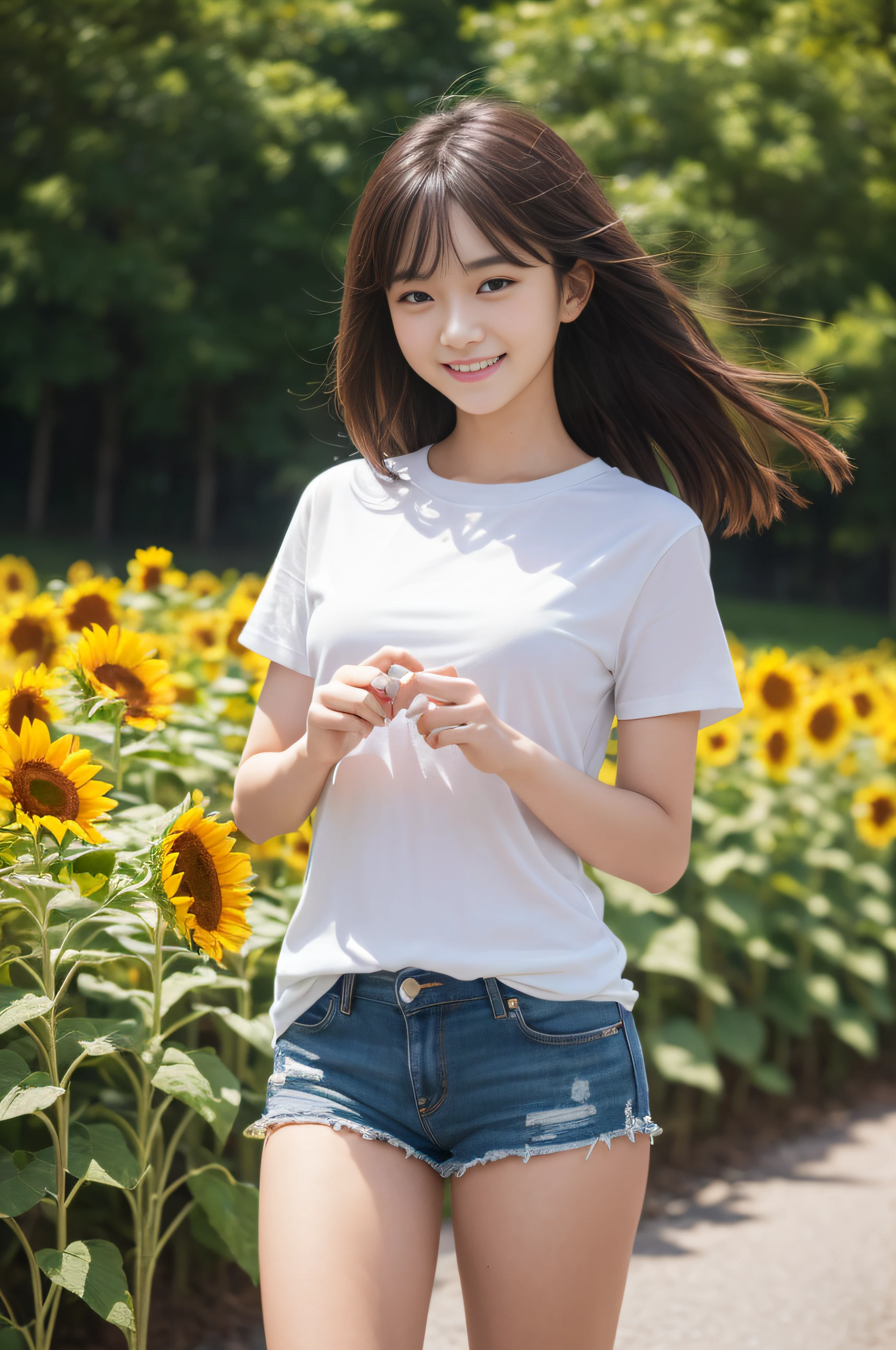 (шедевр、beste-Qualit:1.2)、ultra hyper-detailed、lighting like a movie、（（1 beutiful girl））、a smile、body complet、shirts、summer vacation、a country road、Sunflower field、135mm f/1.8、Dynamic Poses、Dynamic angles