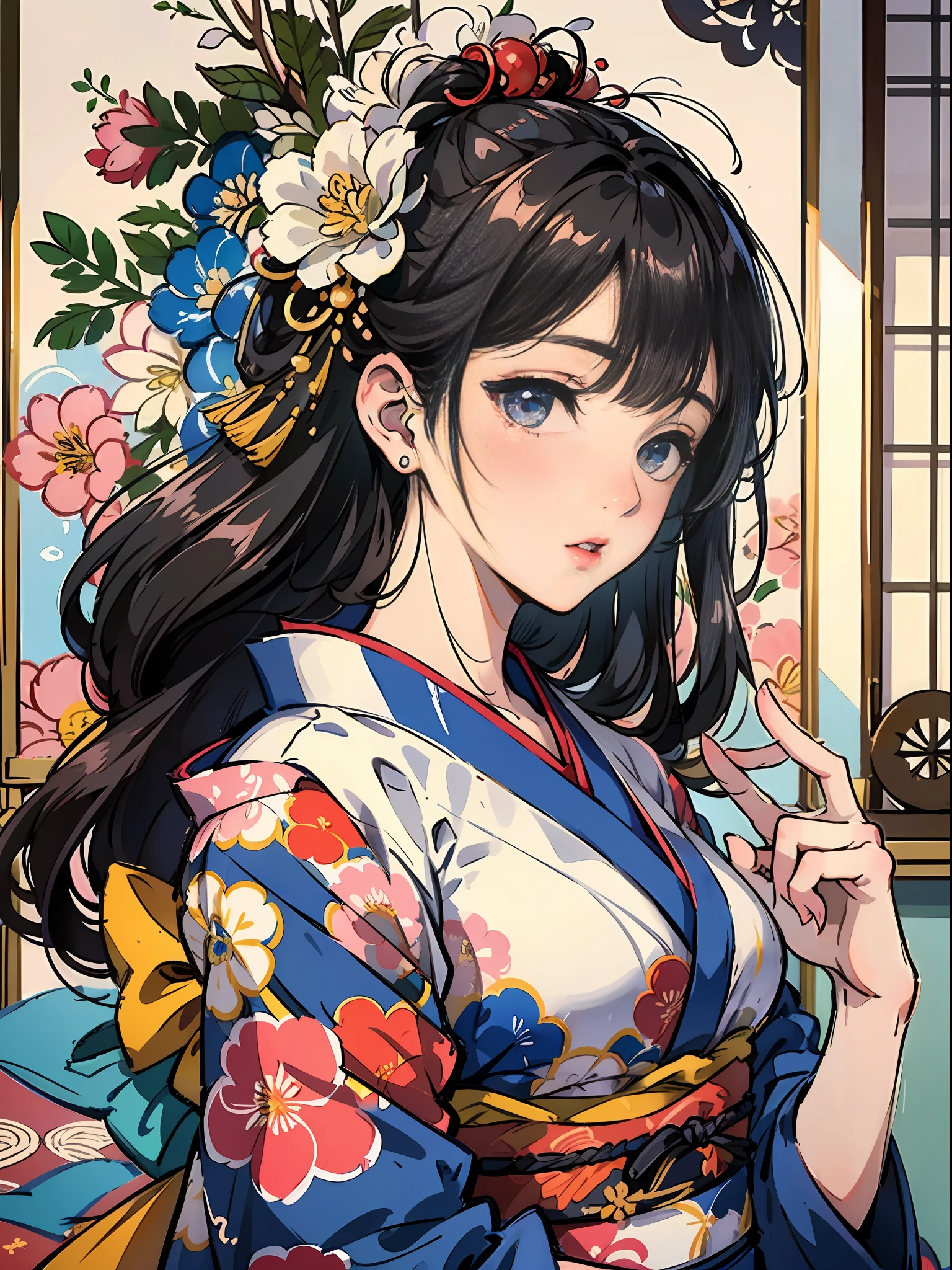 master-piece,hyper quality,hyper detailed,perfect drawing,solo、kimono beauty,kimono,black hair,japanese hair,half-open lips,sink eyes,elegant,splendid,beautiful,blush (0.2), glittering, beautiful, gorgeous, gentle, forward light, natural light, flowers and birds wind moon, Japanese-style room, lipstick painting gesture with index finger, accurate drawing, detailed drawing, --auto --s2