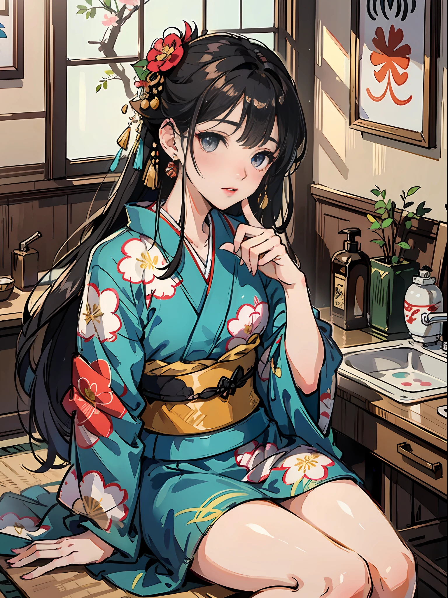 master-piece,hyper quality,hyper detailed,perfect drawing,solo、kimono beauty,kimono,black hair,japanese hair,half-open lips,sink eyes,elegant,splendid,beautiful,blush (0.2), glittering, beautiful, gorgeous, gentle, forward light, natural light, flowers and birds wind moon, Japanese-style room, lipstick painting gesture with index finger, accurate drawing, detailed drawing, --auto --s2