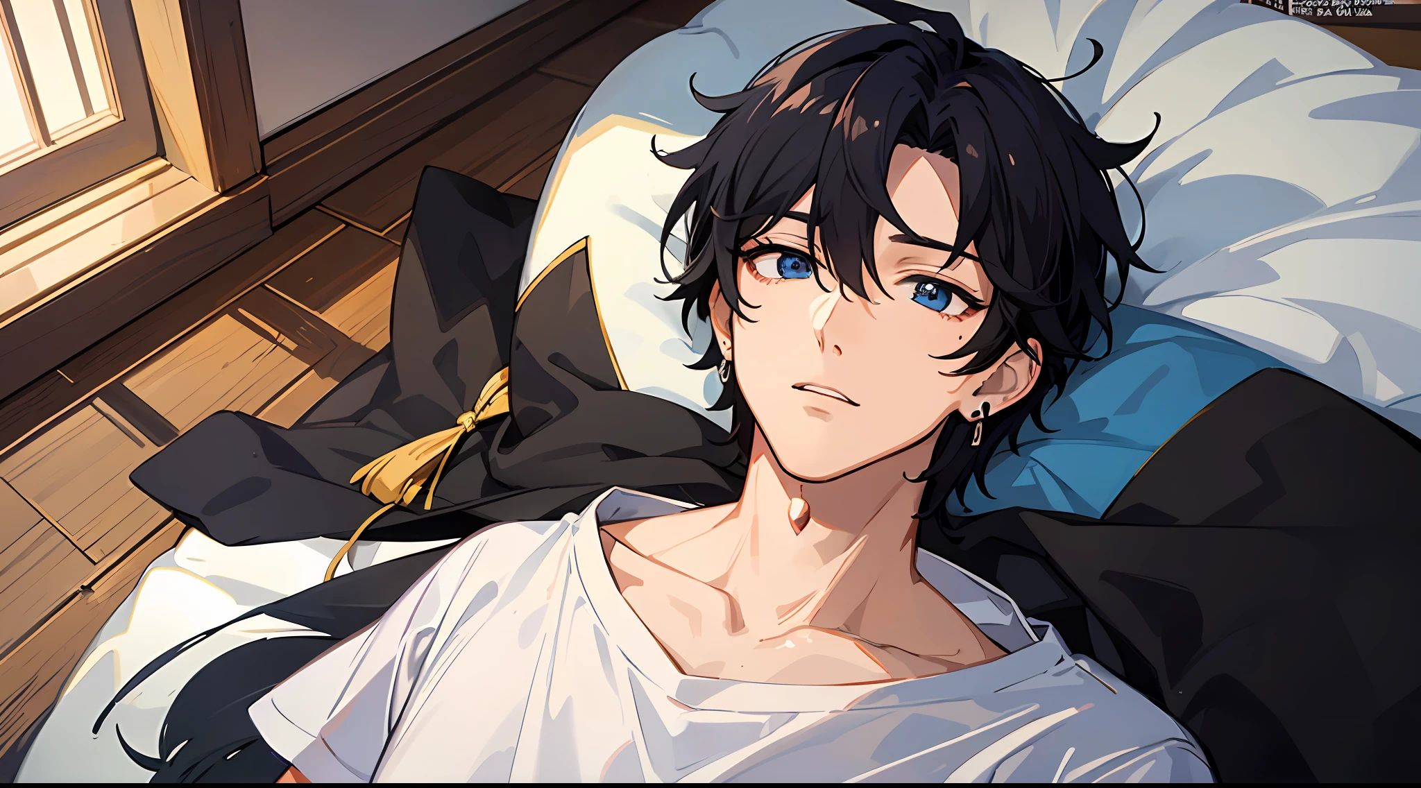 Anime characters in white T-shirts,Tall anime man with blue eyes,young anime man,Anime handsome man,Anime portrait of a handsome man,Male anime style,inspirado em Okumura Masanobu,male anime character,High quality anime art style,Handsome anime pose,Smooth anime CG art,with short black hair,Black stud earrings,In a villa,Lie flat on the bed,Look at the ceiling,It was dark,There is moonshine,There are lights in the living room,fromabove