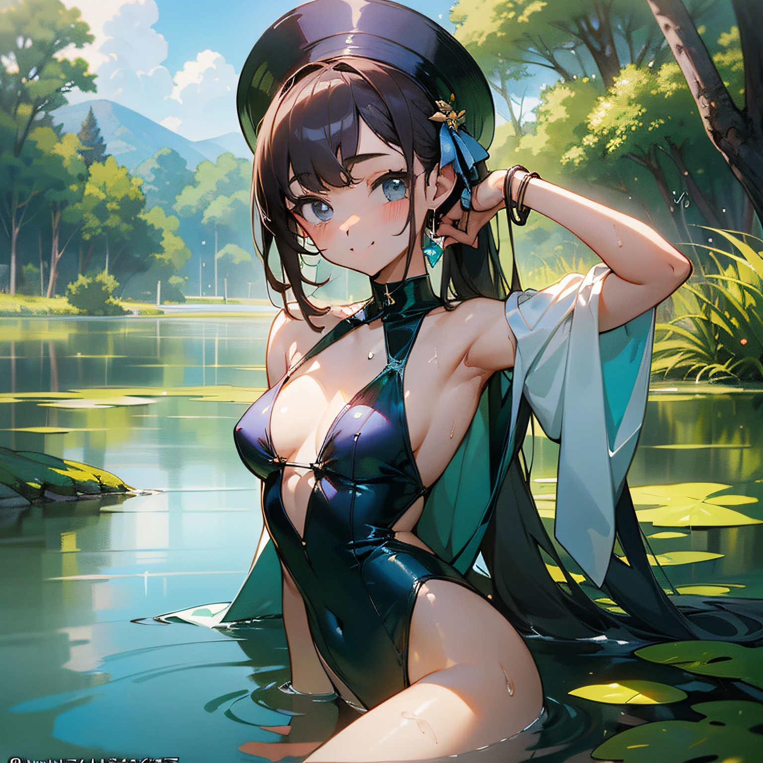 (Master masterpiece、beste-Qualit、beste-Qualit、Official art、Beautiful and aesthetic:1.2),Girl in a swimsuit, Summer, Water droplets,细致背景、Nature、Arm up、Smiles、cute-cute、Mysterious、mysterious background、Will、Shy face、small tits、A slender、
