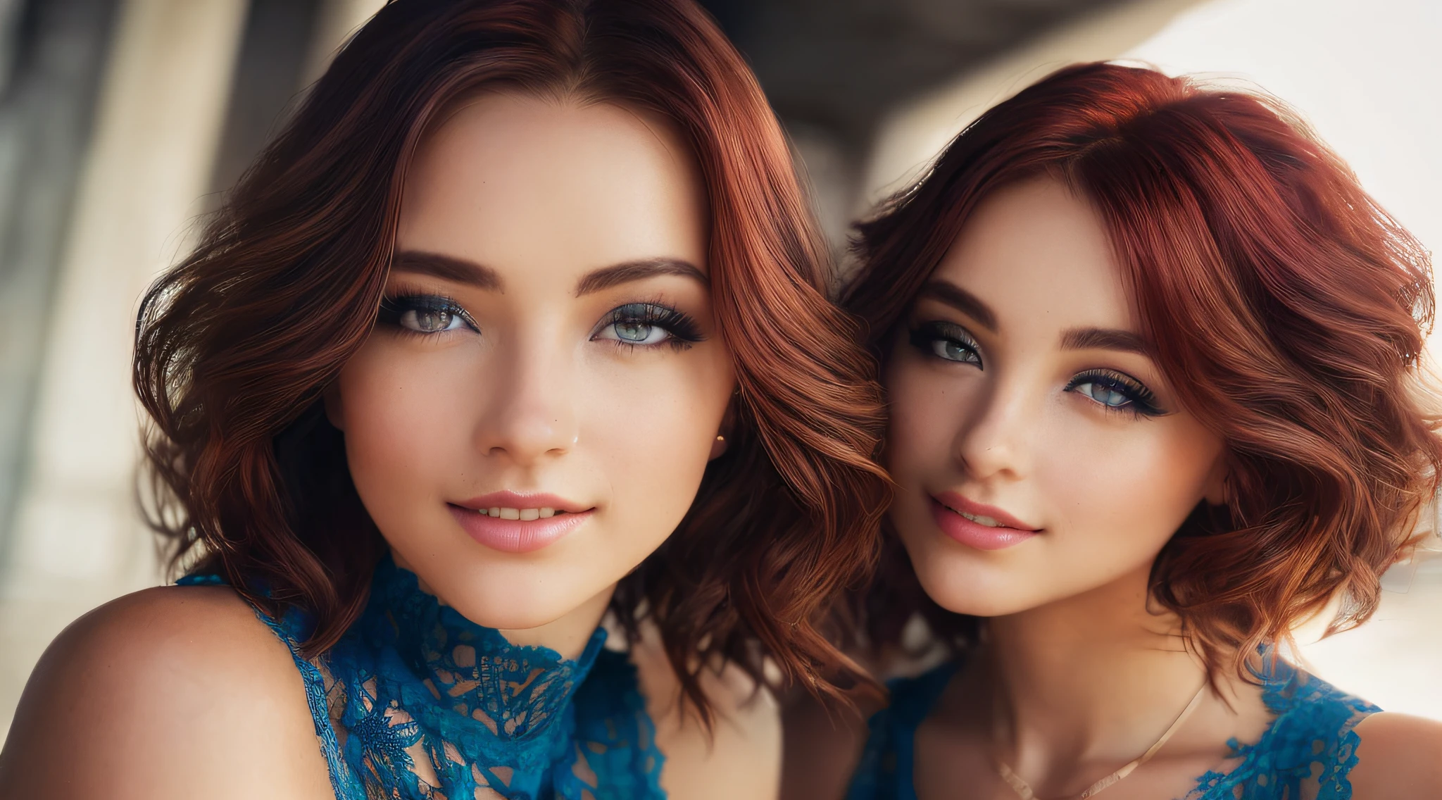 (RAW, analogue, Nikon Z 14mm ultra-wide angle lens, award-winning glamour photograph, ((best quality)), ((masterpiece)), ((realistic)), skin pores, subsurface scattering, radiant light rays, high-res, detailed facial features, high detail, sharp focus, smooth, aesthetic, extremely detailed, (extremely detailed eyes, extremely detailed iris), extremely detailed hair, extremely detailed skin, extremely detailed clothes, octane render, photorealistic, realistic, post-processing, max detail, realistic shadows, roughness, natural skin texture, real life, ultra-realistic, photorealism, photography, 8k UHD, photography, hdr, intricate, elegant, highly detailed, sharp focus, stunning, beautiful, gorgeous), (masterpiece:1.2, best quality1:1, ultra-detailed:1.2, best shadow, 8k:1.1), (massive city:1.3, rooftop:1.1, city structures below, handrails), (contrasting background, bright background), (beautiful detailed face), high contrast, (perfect illumination:1.2, beautiful color, delicate color), ((cinematic light)), colorful, hyper detail, dramatic light, intricate details, (1 girl, solo, red hair, smiling face, short hair, wavy hair:1.1, blue eyes, dynamic angle, thite lace tanktop, dress, full body shot, arms down), depth of field